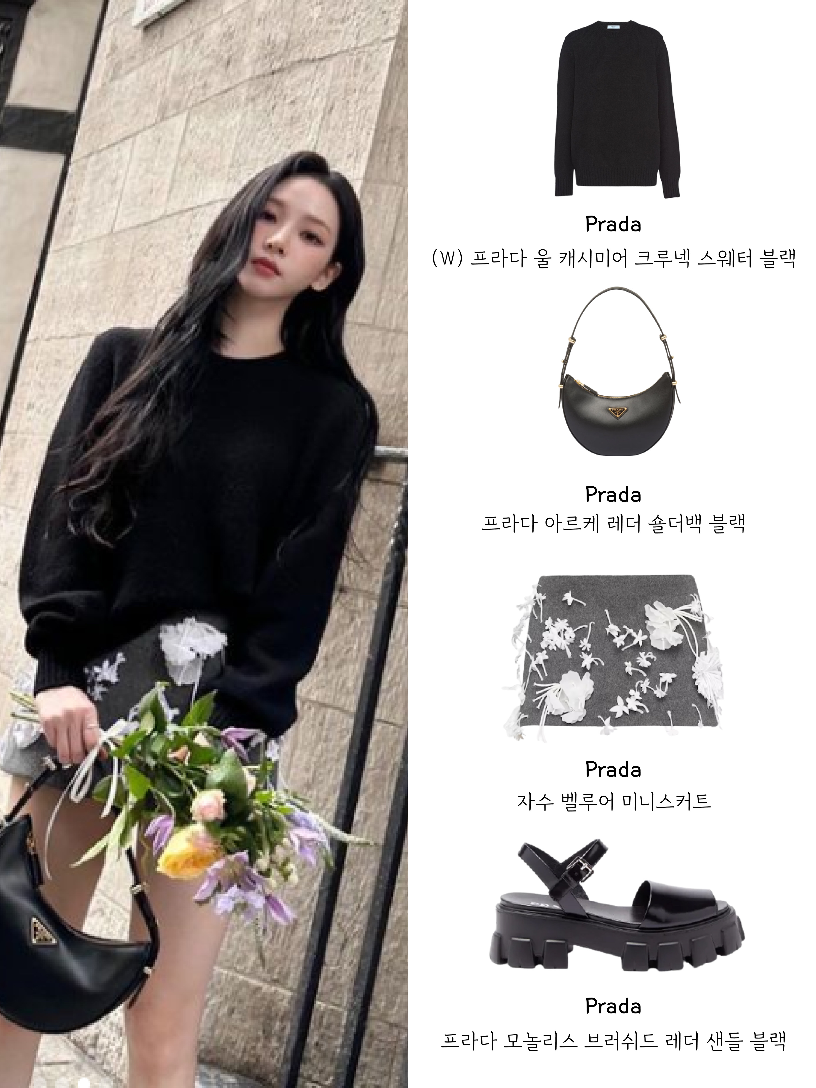 (W) Prada Wool Cashmere Crew-Neck Sweater Black, Prada Arque Leather Shoulder Bag Black 착용 스타일