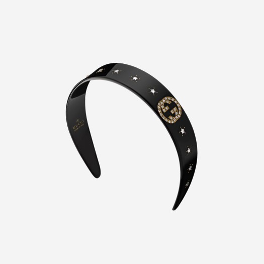 (W) 구찌 크리스탈 인터로킹 G 헤드밴드 블랙 레진