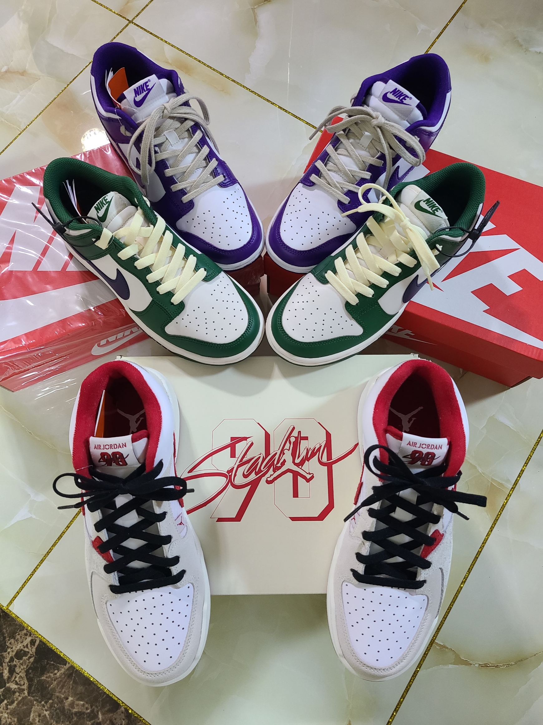 (W) Nike Dunk Low Gorge Green, Jordan Stadium 90 White Clover 착용 스타일 - 2