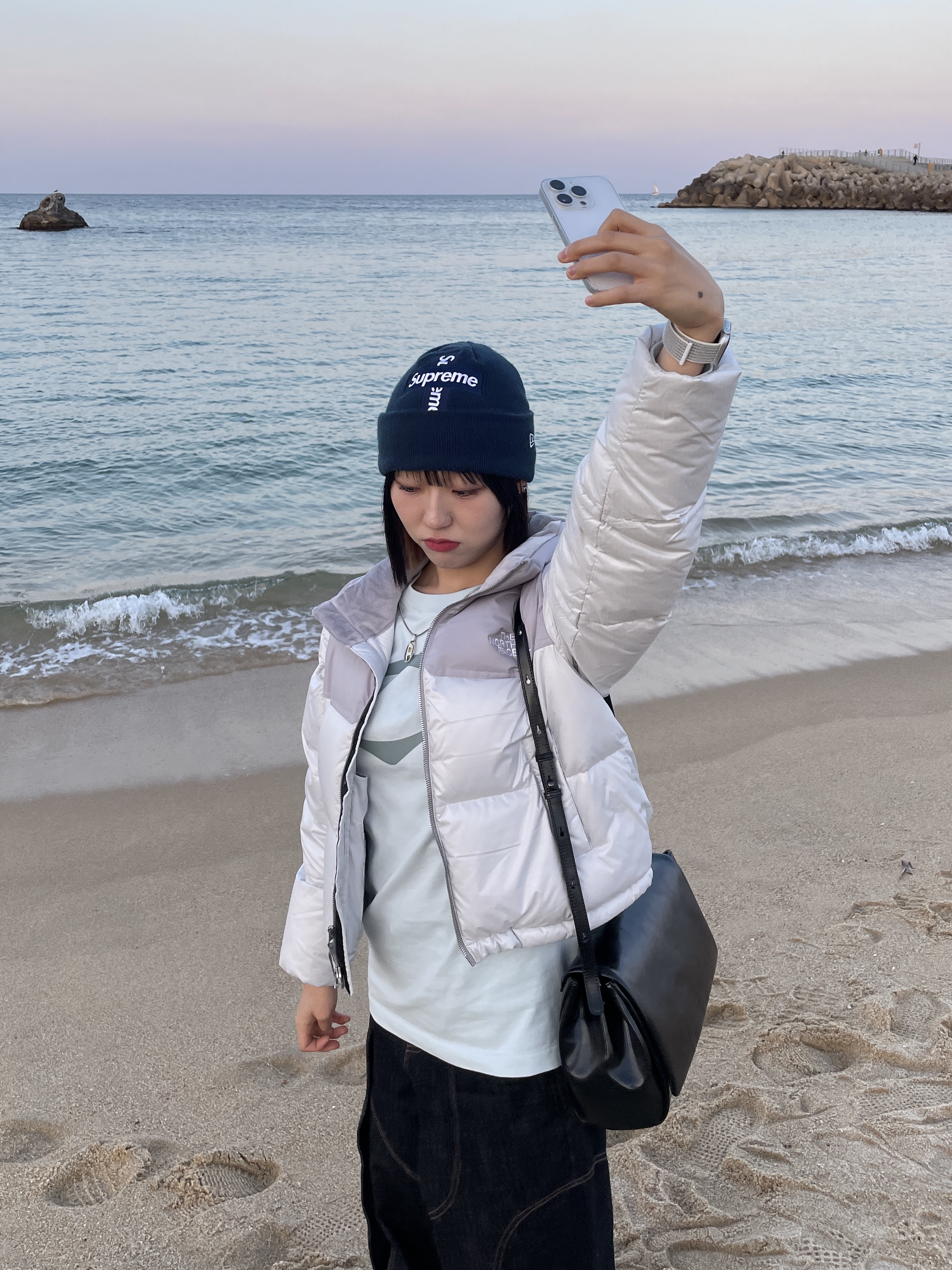 Supreme New Era Cross Box Logo Beanie Navy - 20FW, (W) The North Face White Label Novelty Nuptse Down Jacket Ice Gray 착용 스타일 - 2