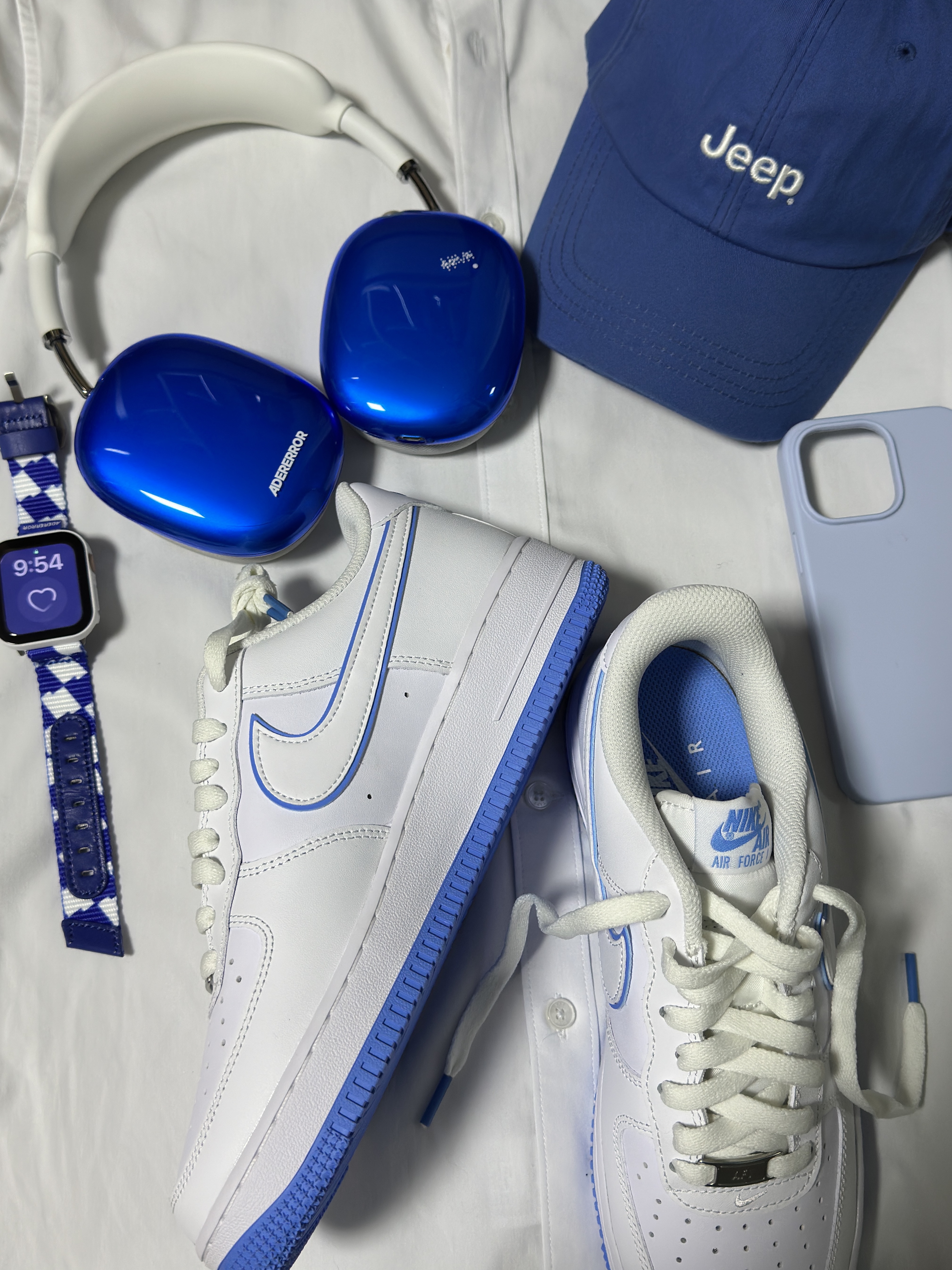 Nike Air Force 1 '07 White University Blue, Ader Error Tenit Watch Strap Z-Blue 착용 스타일