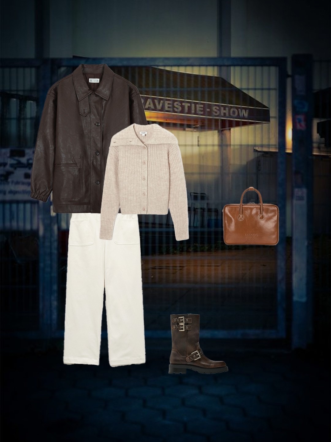 (W) Zara Buckled Biker Flat Ankle Boots Brown, (W) COS Spread-Collar Wool Cardigan Cream 착용 스타일 - 2