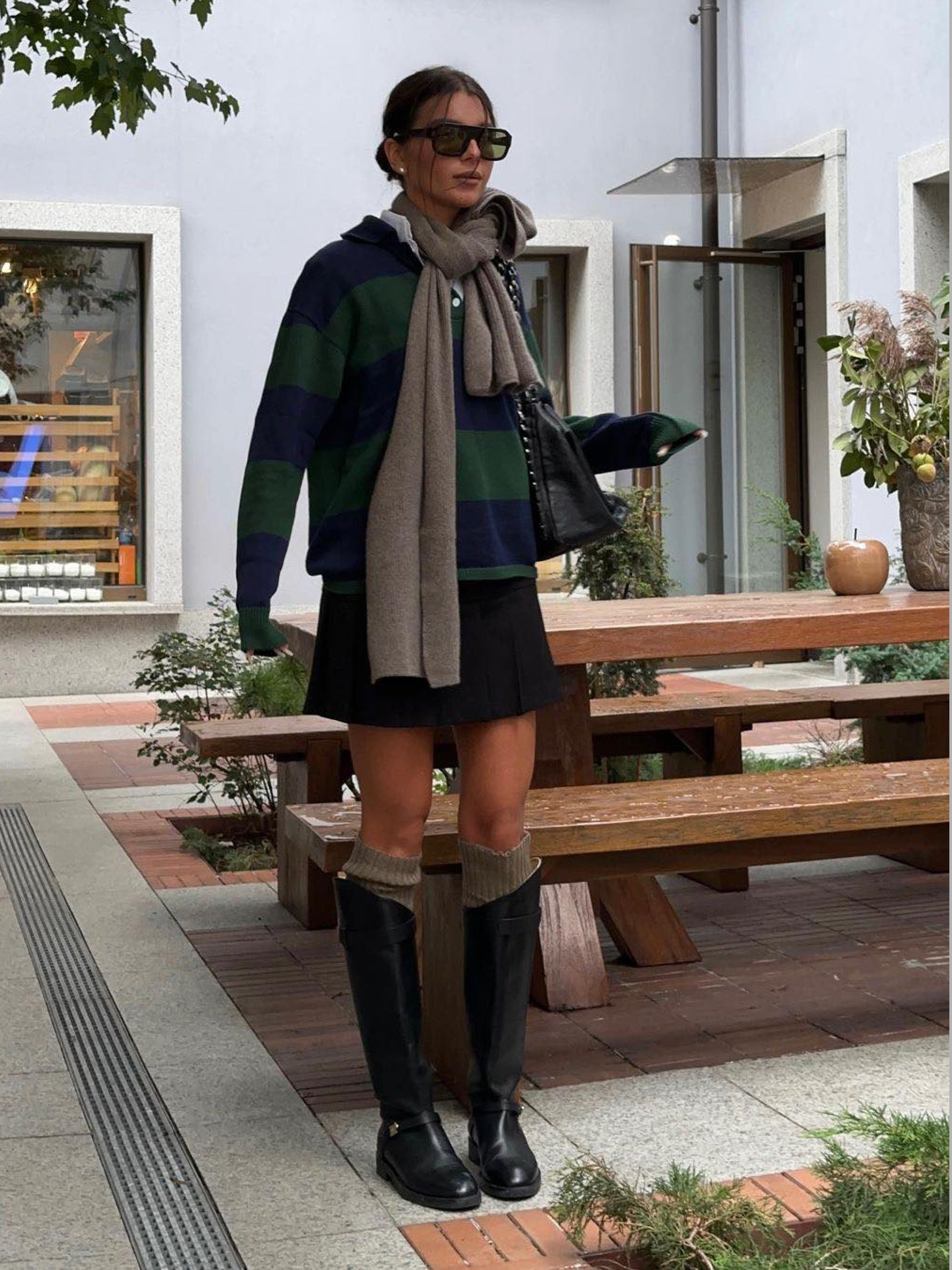 (W) Bohemian Seoul Folded Belt Long Boots Black, Porta Women Suede Stitch Western Long Boots Brown 착용 스타일 - 4