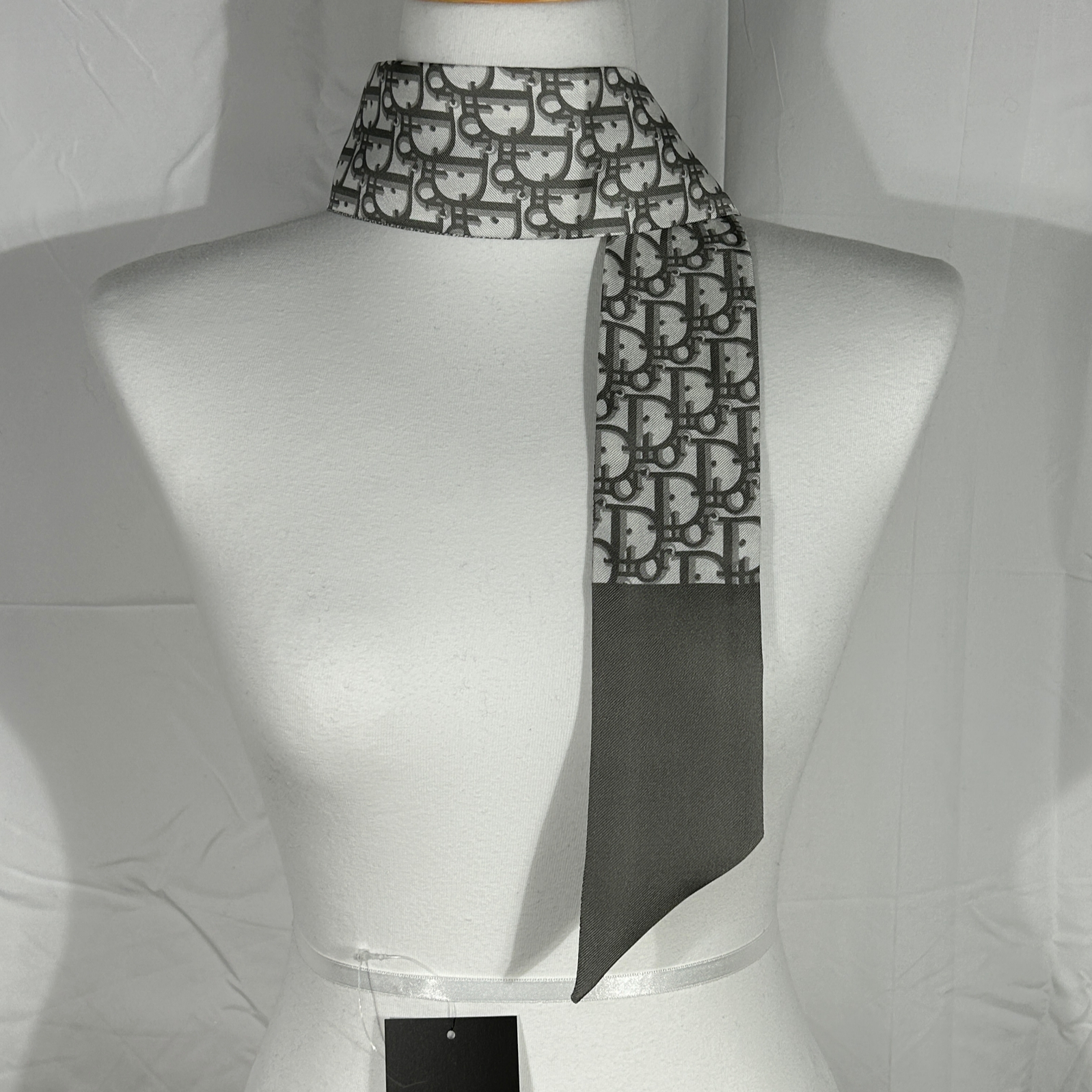 (W) Dior Oblique Mitzah Scarf Silk Twill Navy Blue 착용 스타일 - 2