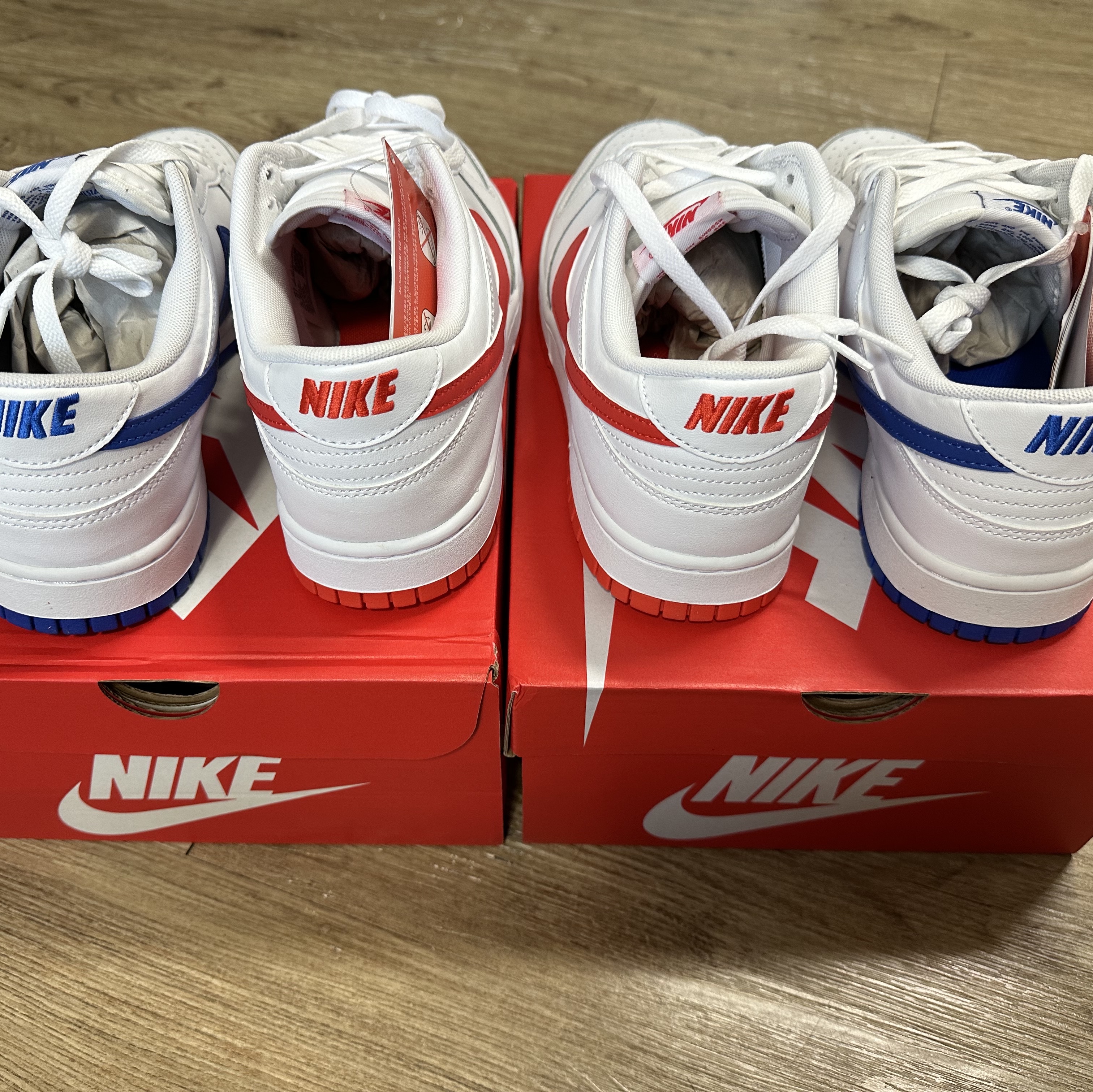 Nike Dunk Low Retro White Picante Red, Nike Dunk Low Retro White Hyper Royal 착용 스타일
