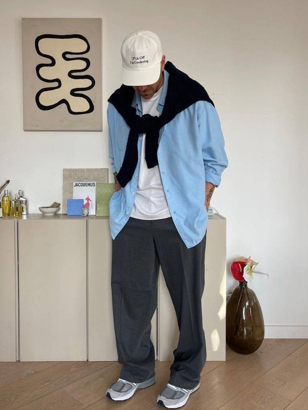 Stussy Striped Volume Pleated Trousers Grey, Thom Browne Super 120S Twill Classic Backstrap Trouser Medium Grey 착용 스타일 - 7