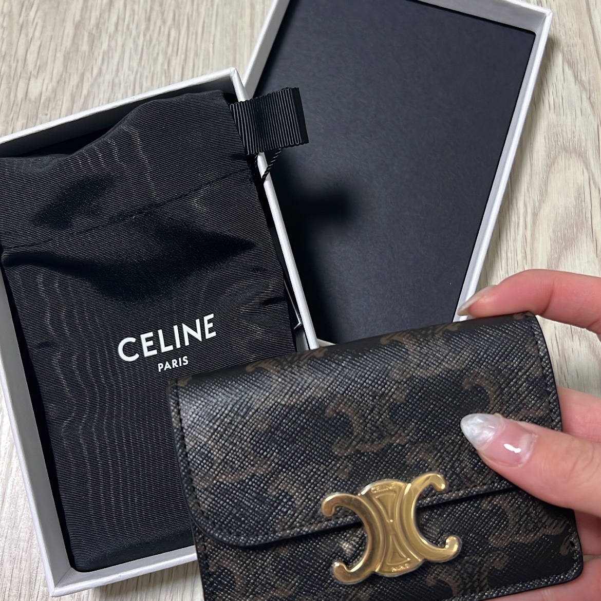 Celine Card Holder with Flap in Triomphe Canvas Tan 착용 스타일