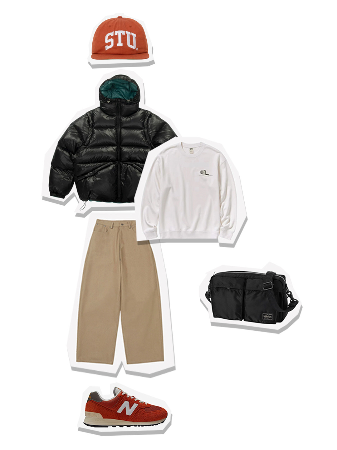 Uniqlo UT x Kaws Long Sleeve Sweatshirt Off White, STU Wide Cotton Pants Beige 착용 스타일 - 1