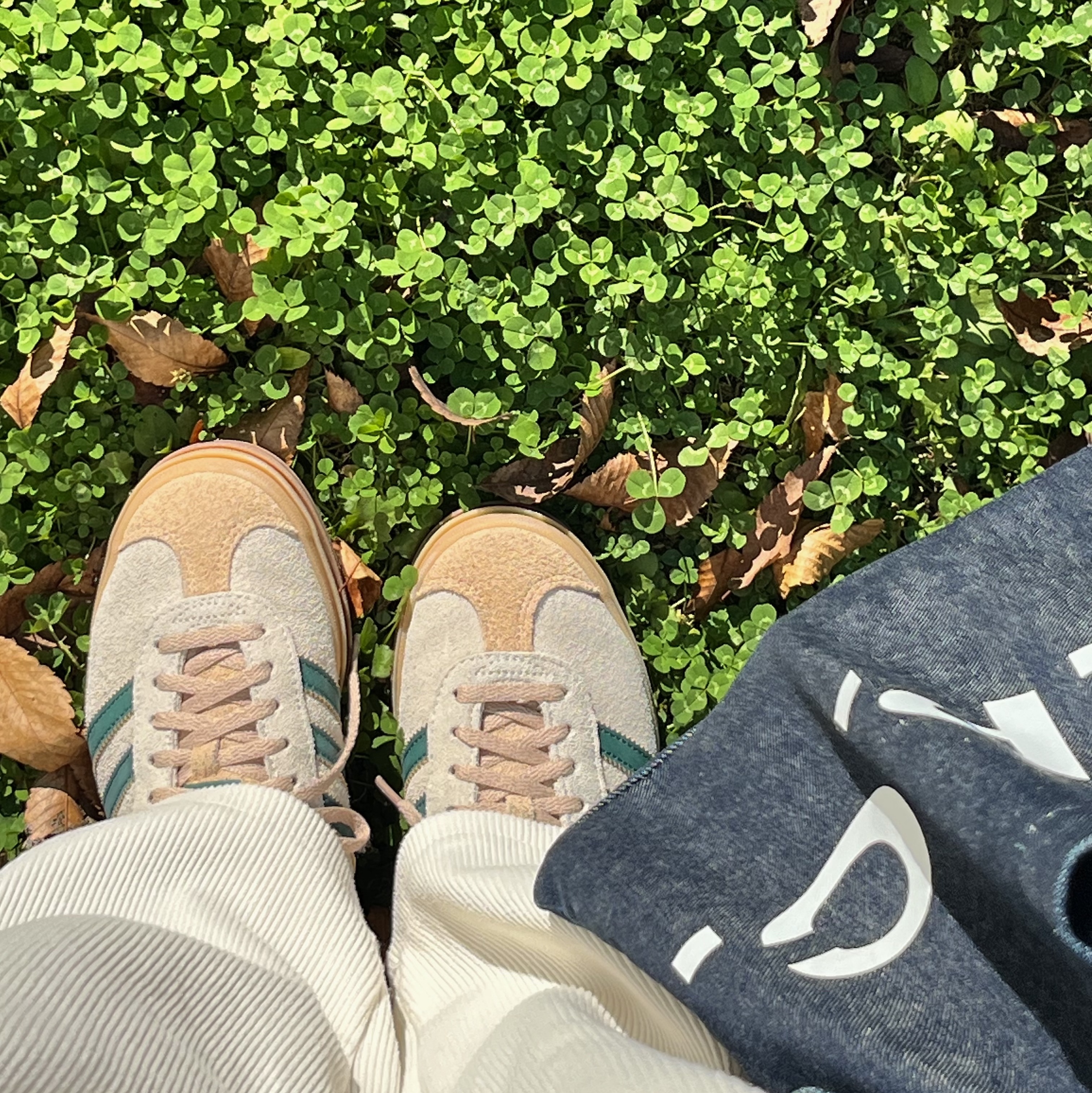 (W) Adidas Gazelle Bold Cream White Collegiate Green, A.P.C. Laure Tote Bag Blue 착용 스타일 - 4