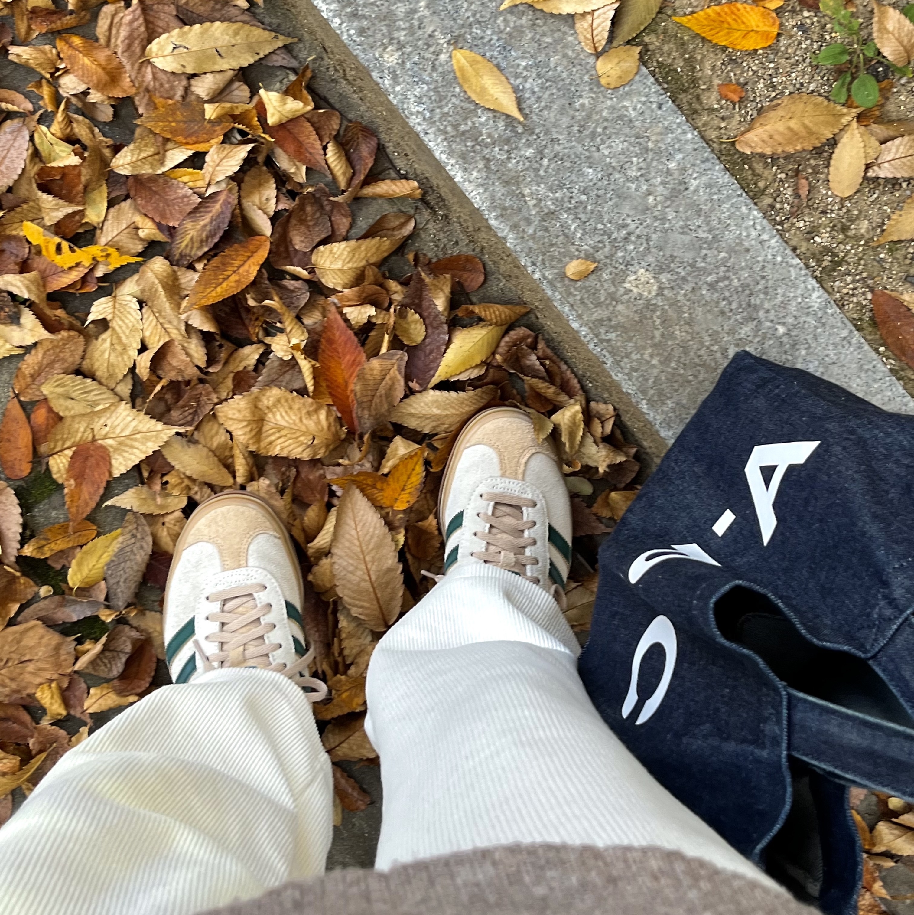(W) Adidas Gazelle Bold Cream White Collegiate Green, A.P.C. Laure Tote Bag Blue 착용 스타일 - 1