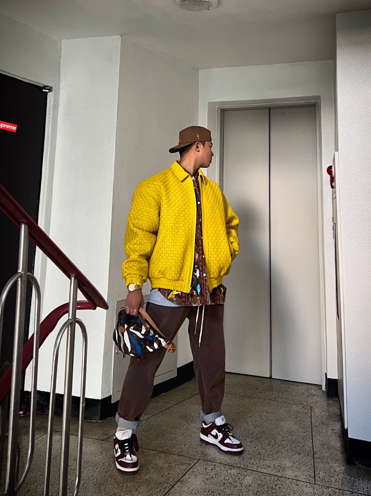 Supreme Woven Leather Varsity Jacket Yellow - 23FW, Supreme Mark Leckey Hardcore Printed Corduroy Shirt Multicolor - 23FW 착용 스타일 - 2