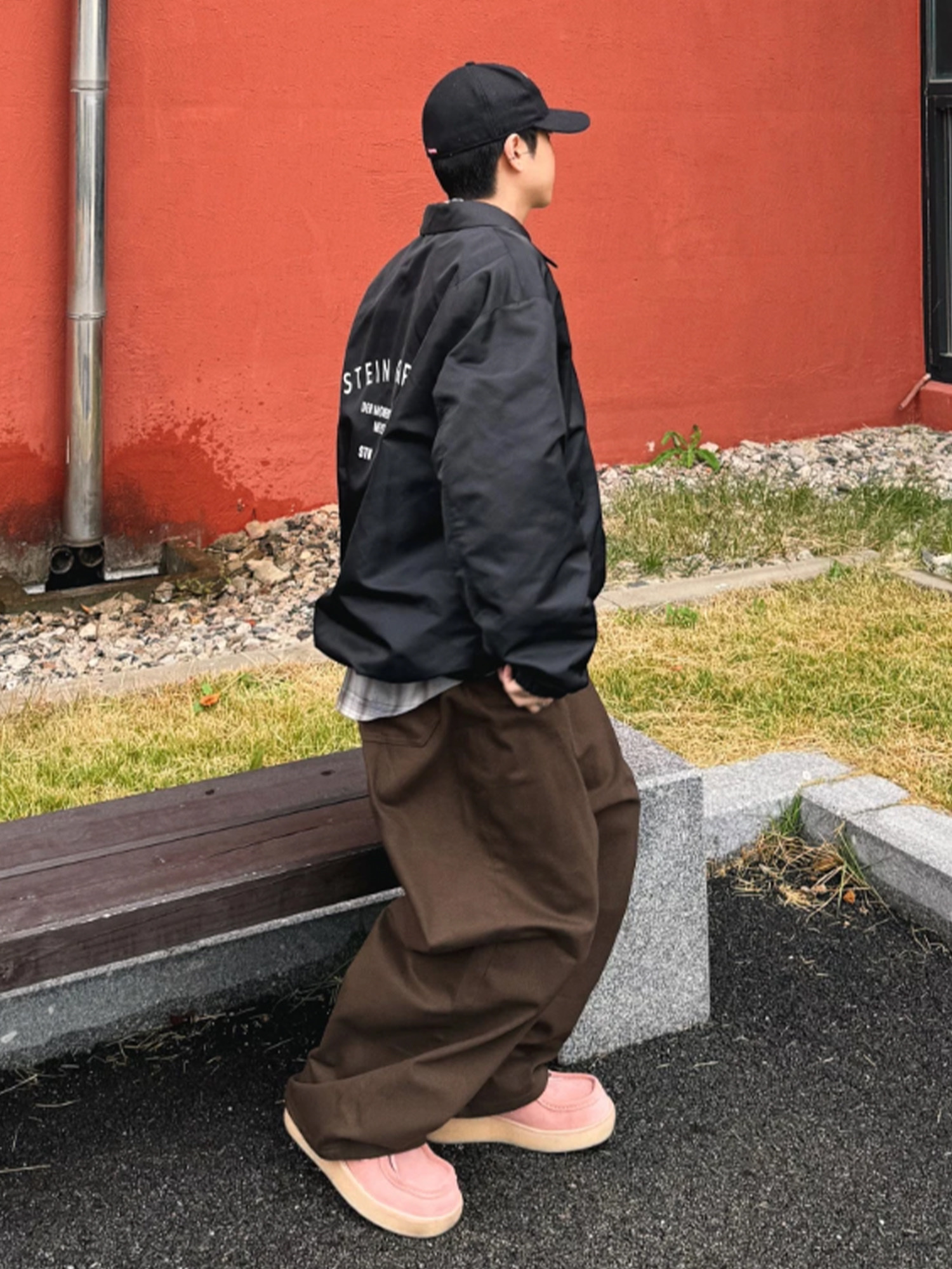 STU Wide Cotton Pants Brown, Salomon XT-6 Turtledove 착용 스타일 - 4