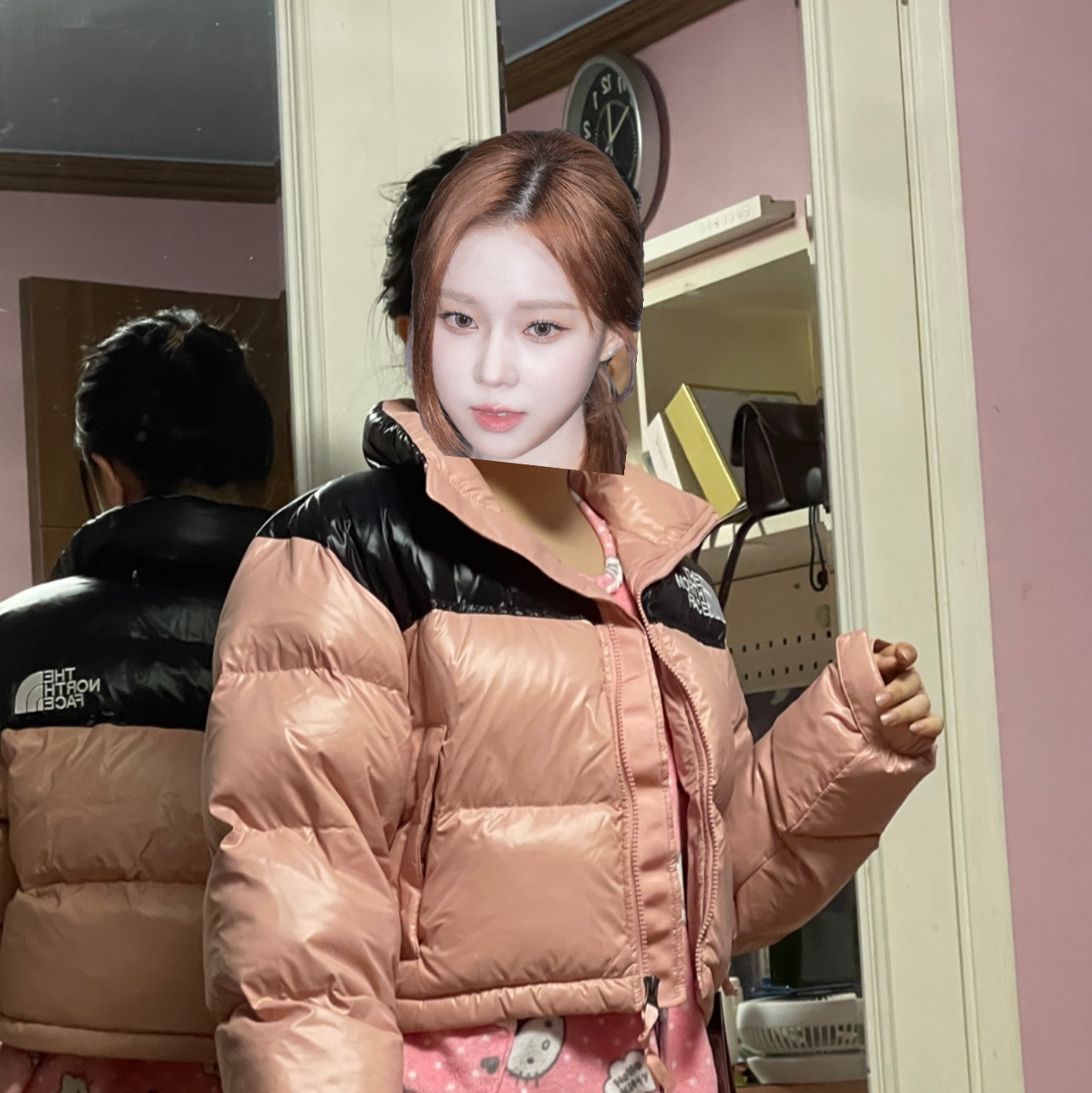 (W) The North Face Nuptse Short Jacket Rose Tan 착용 스타일