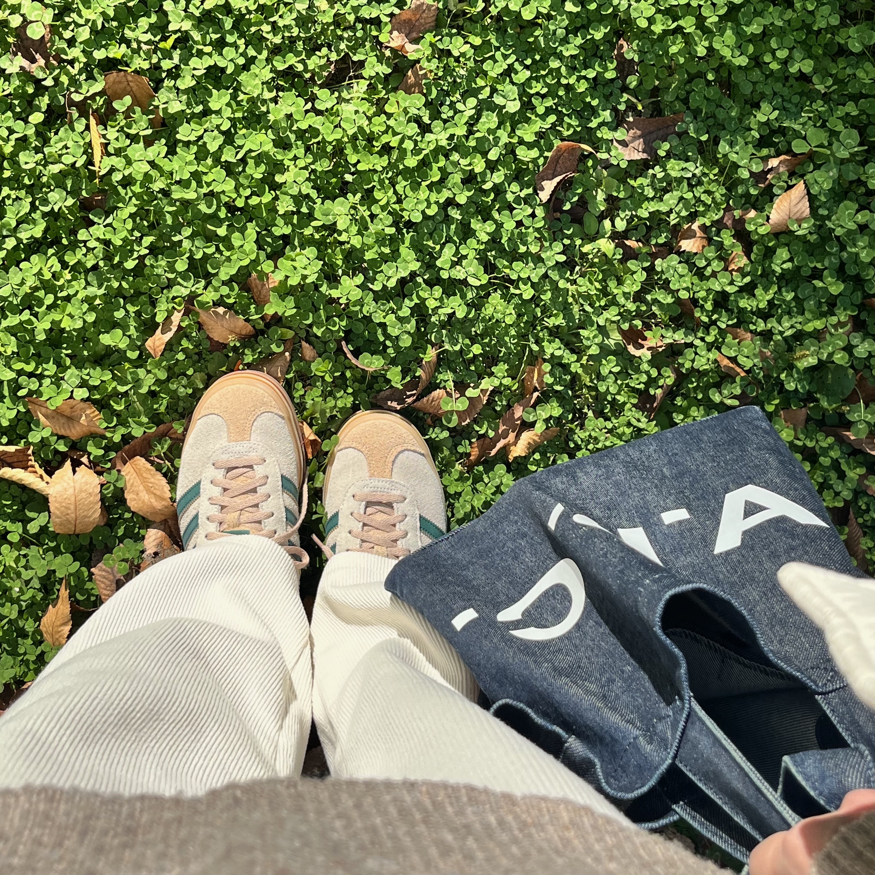 (W) Adidas Gazelle Bold Cream White Collegiate Green, A.P.C. Laure Tote Bag Blue 착용 스타일 - 3