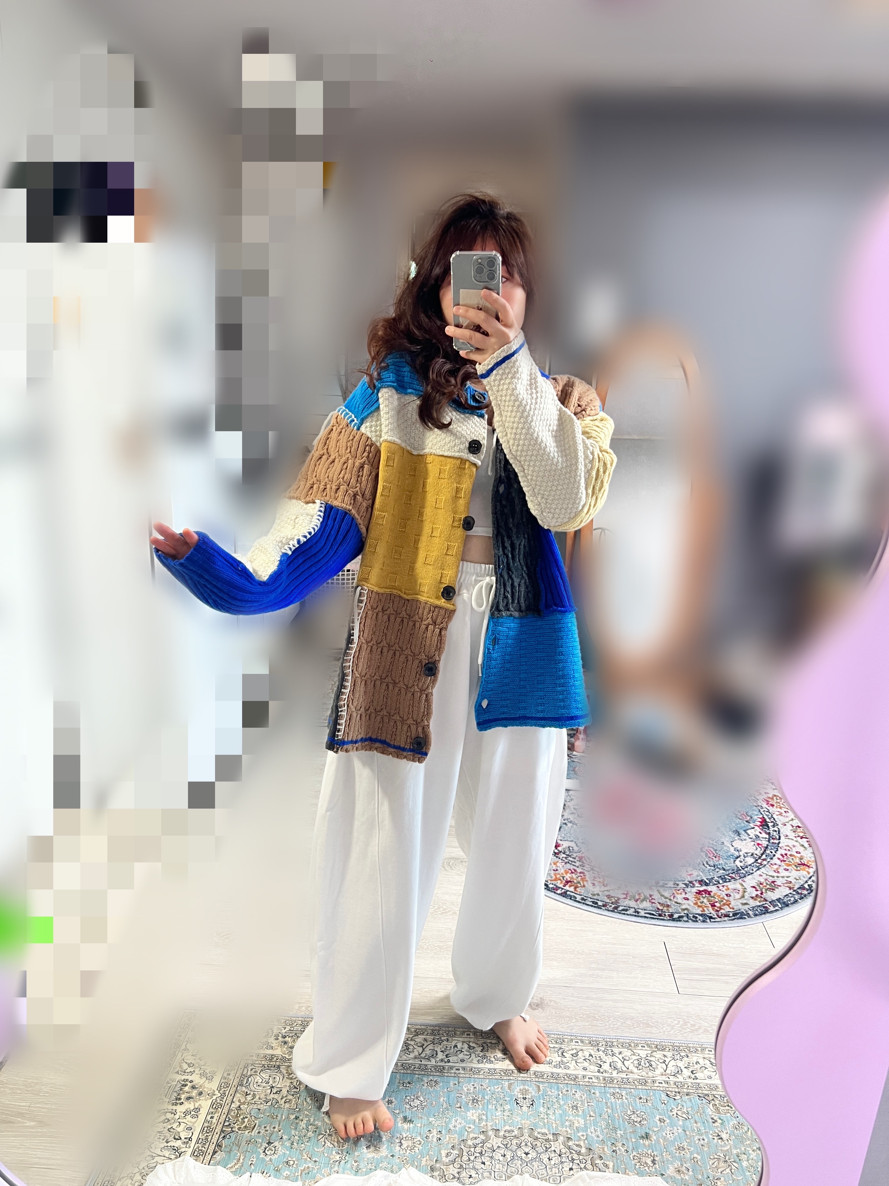 Zara x Ader Error Patchwork Oversize Knit Cardigan Multicolor 착용 스타일