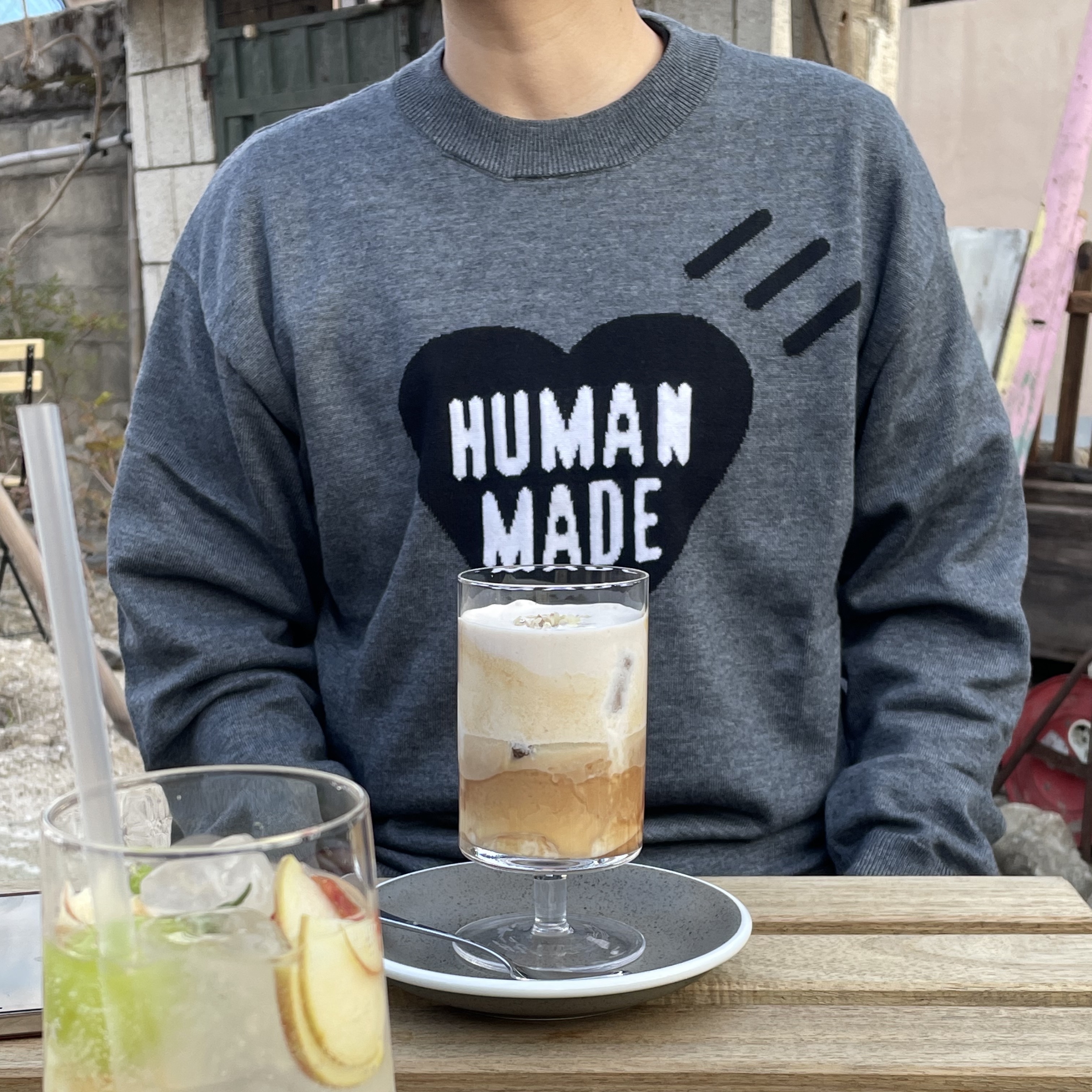Human Made Heart Knit Sweater Beige 착용 스타일