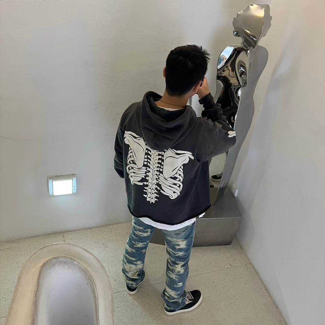 Saint Mxxxxxx x VLONE Bone Hoodie Black - 22FW, Undermycar x Konic Section Vol.2 Hard Destroyed Washed Jeans - 23SS 착용 스타일