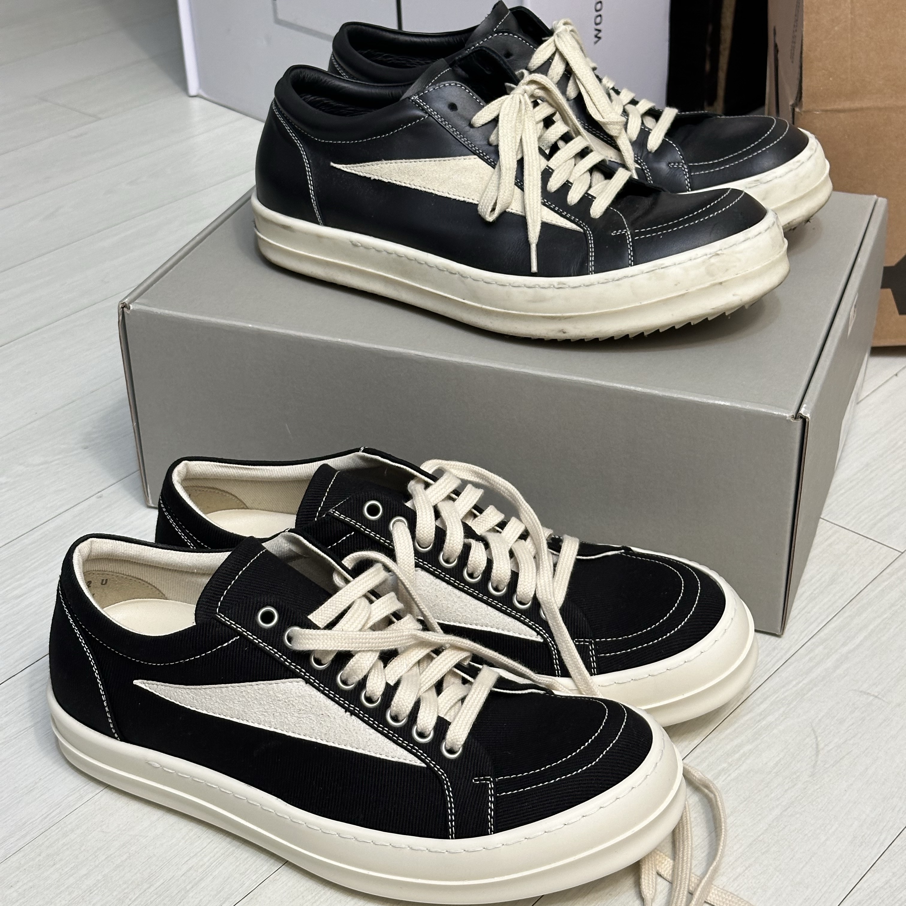 Rick Owens Drkshdw Luxor Overdyed Denim Vintage Sneakers Black Milk, Rick Owens Luxor Vintage Sneakers Black Milk 착용 스타일