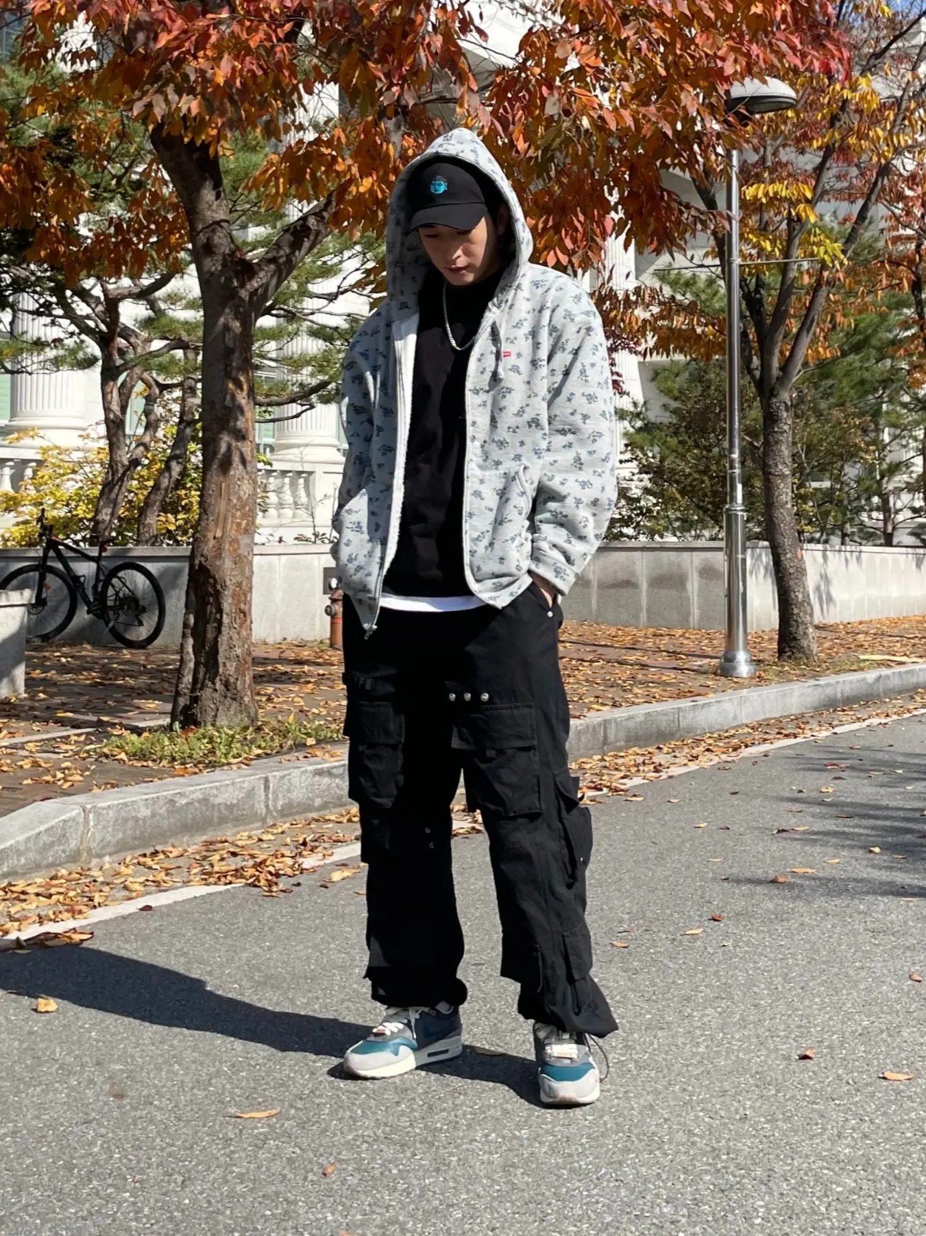 Nike x Kasina Air Max 1 SP Won-Ang Particle Grey, Supreme Small Box Zip Up Hooded Sweatshirt Flowers - 23FW 착용 스타일
