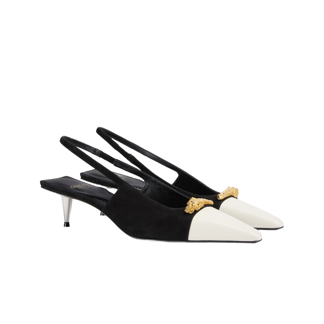 (W) 구찌 펌프 스퀘어 타이거 헤드 화이트 레더 블랙 스웨이드((W) Gucci Pump with Tiger Head White Leather Black Suede) - 2