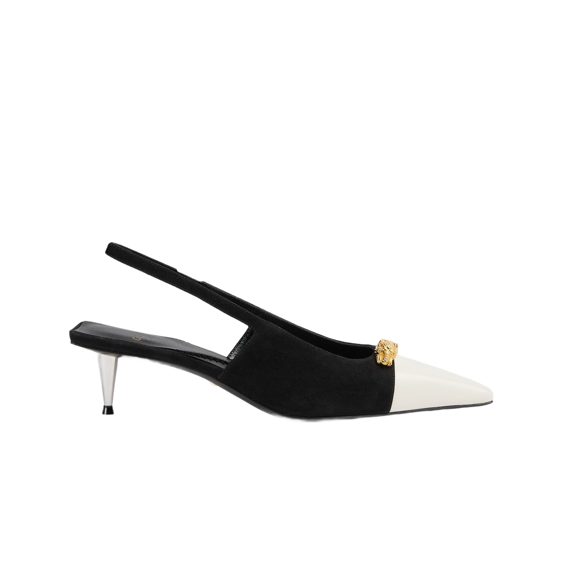 (W) 구찌 펌프 스퀘어 타이거 헤드 화이트 레더 블랙 스웨이드((W) Gucci Pump with Tiger Head White Leather Black Suede) - 1