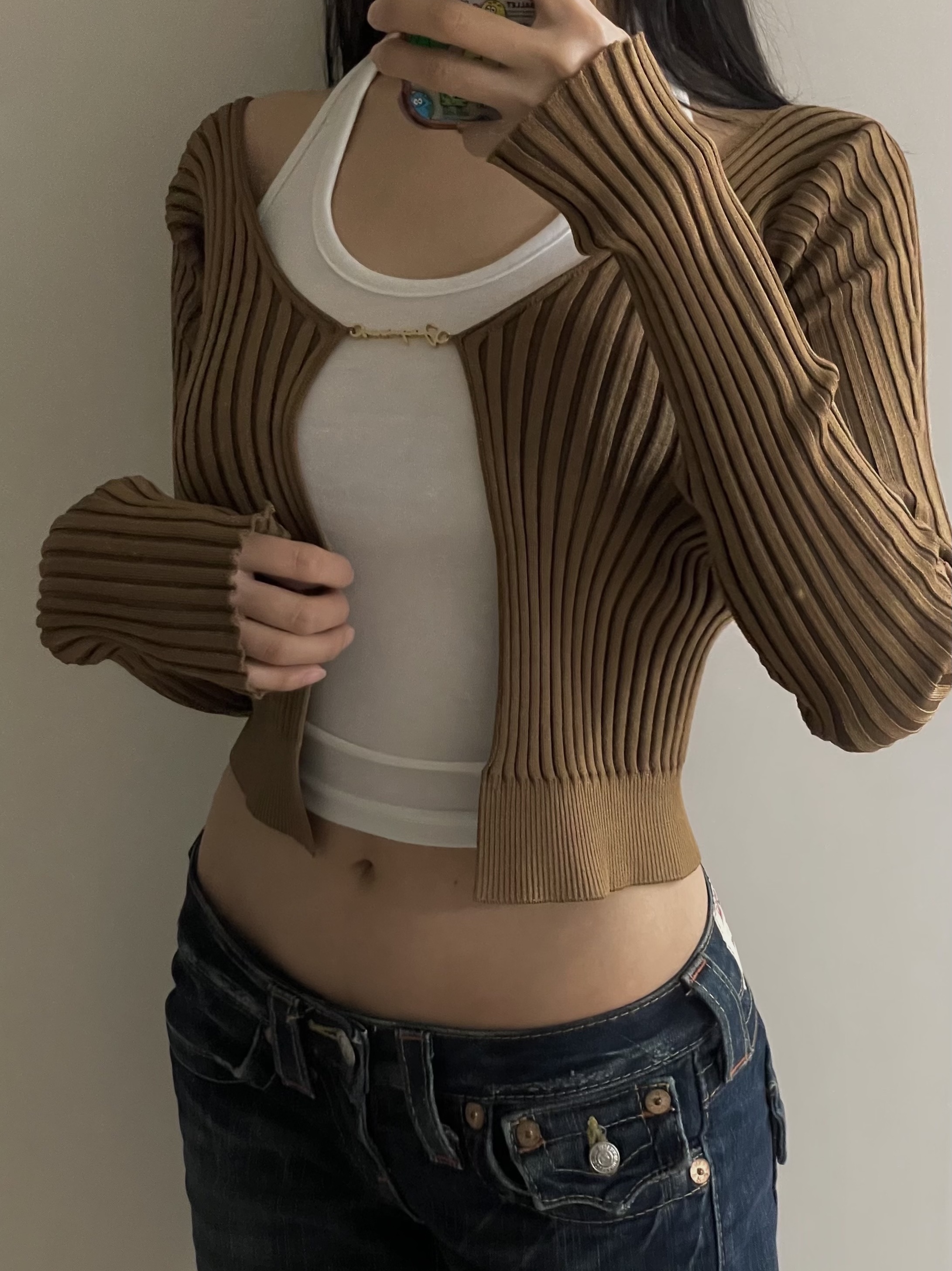 (W) Jacquemus La Maille Pralu Micro Charm Logo Cardigan Brown 착용 스타일 - 1