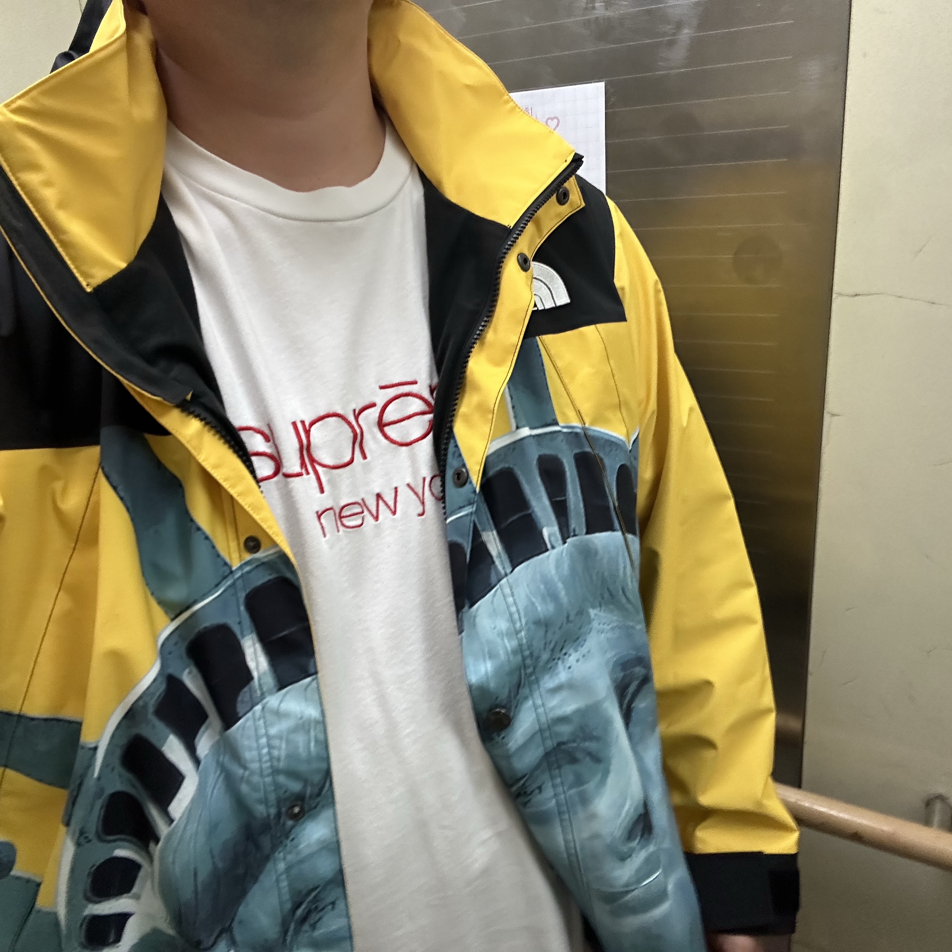 Supreme x The North Face Statue of Liberty Mountain Jacket Yellow - 19FW, Supreme Classic Logo S/S Top White - 23FW 착용 스타일