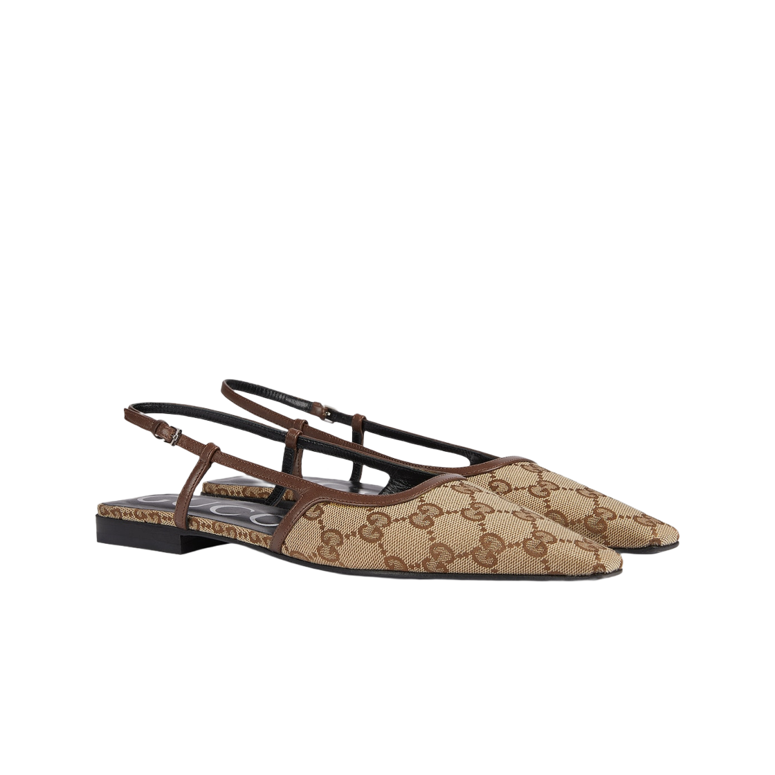 (W) 구찌 GG 슬링백 발렛 플랫 베이지 에보니 캔버스((W) Gucci GG Slingback Ballet Flat Beige Ebony Canvas) - 2