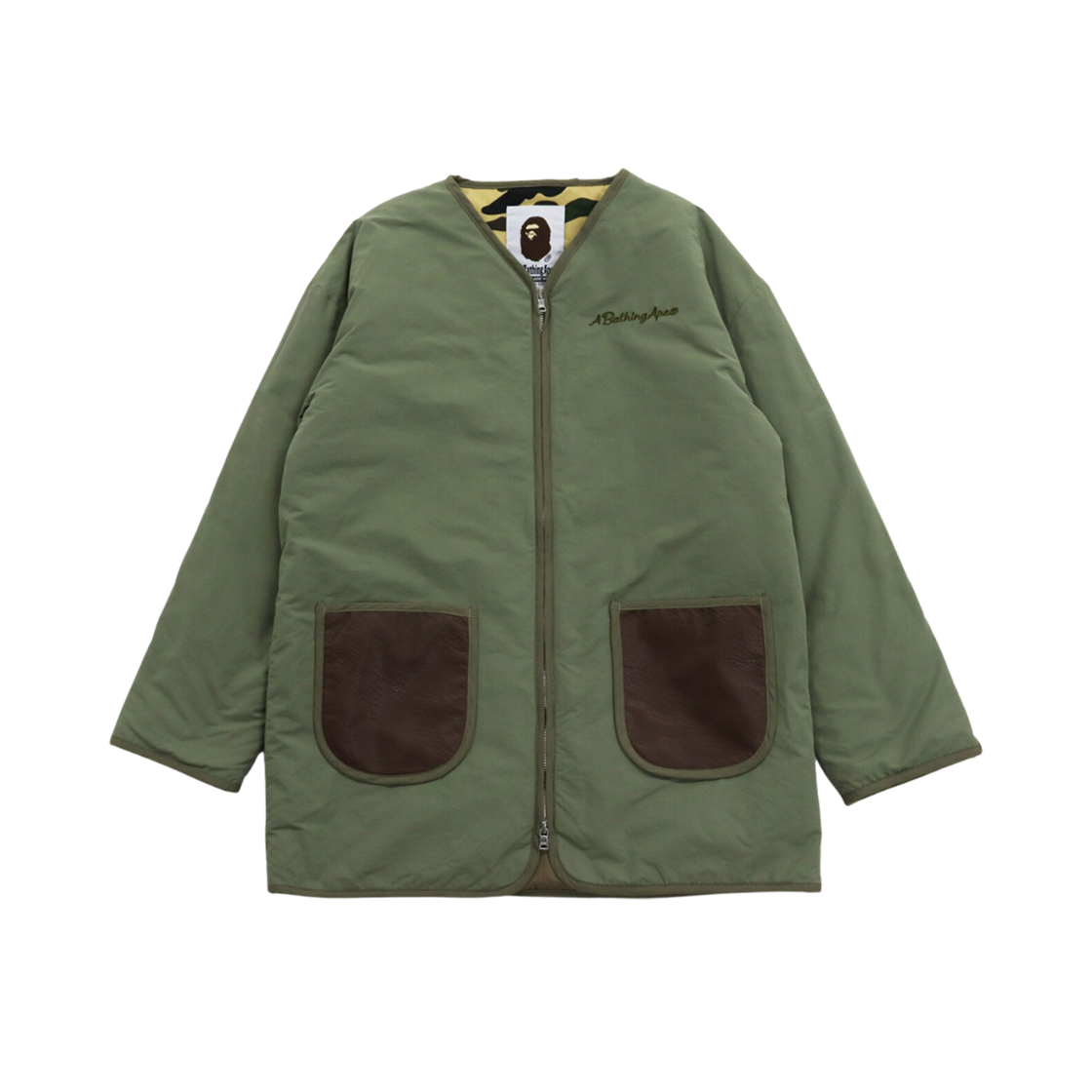 (W) BAPE Sta Leather Patch No Collar Jacket Army Green 상세 이미지 1