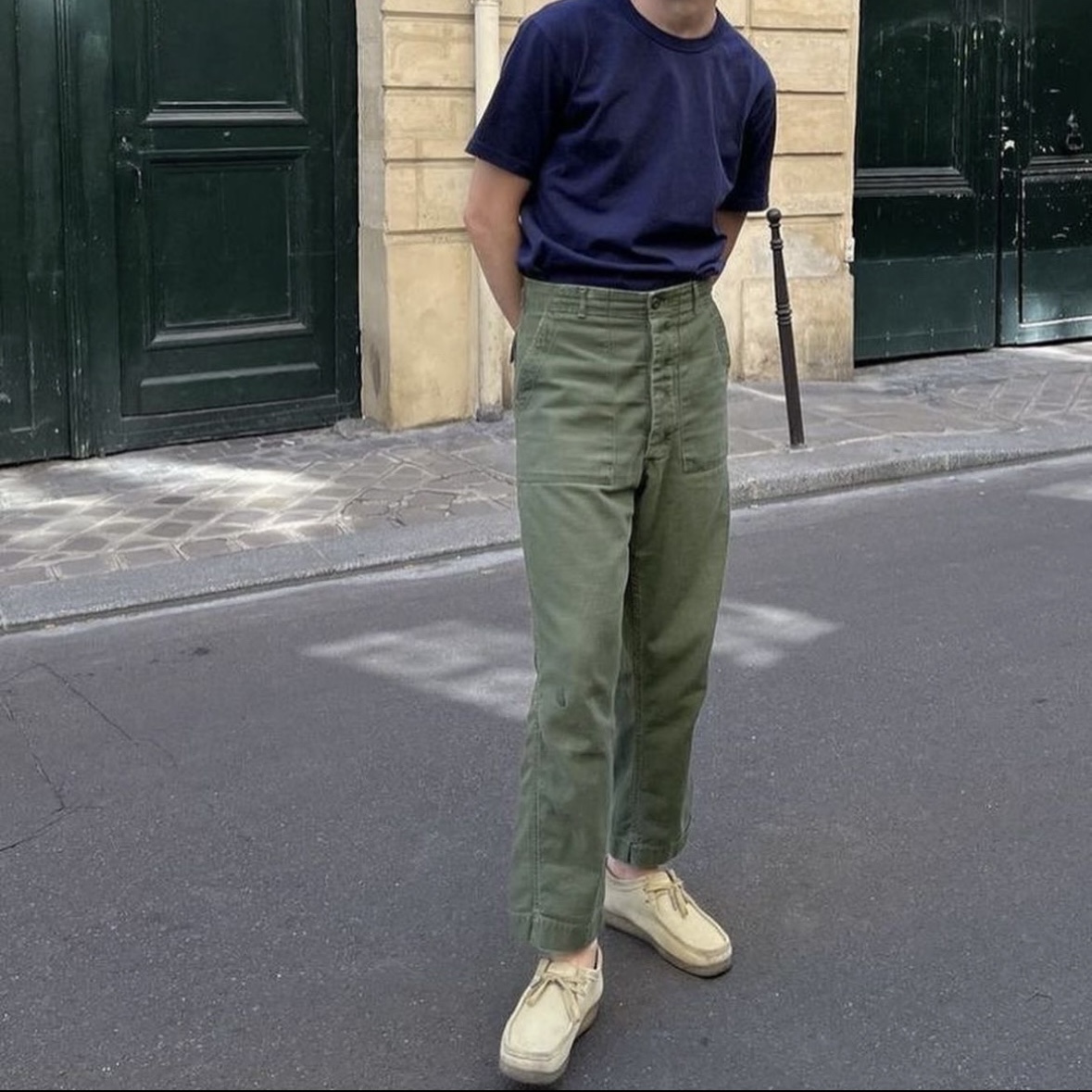 Orslow 5002 US Army Fatigue Pants Green, Clarks Wallabee Maple Suede 착용 스타일