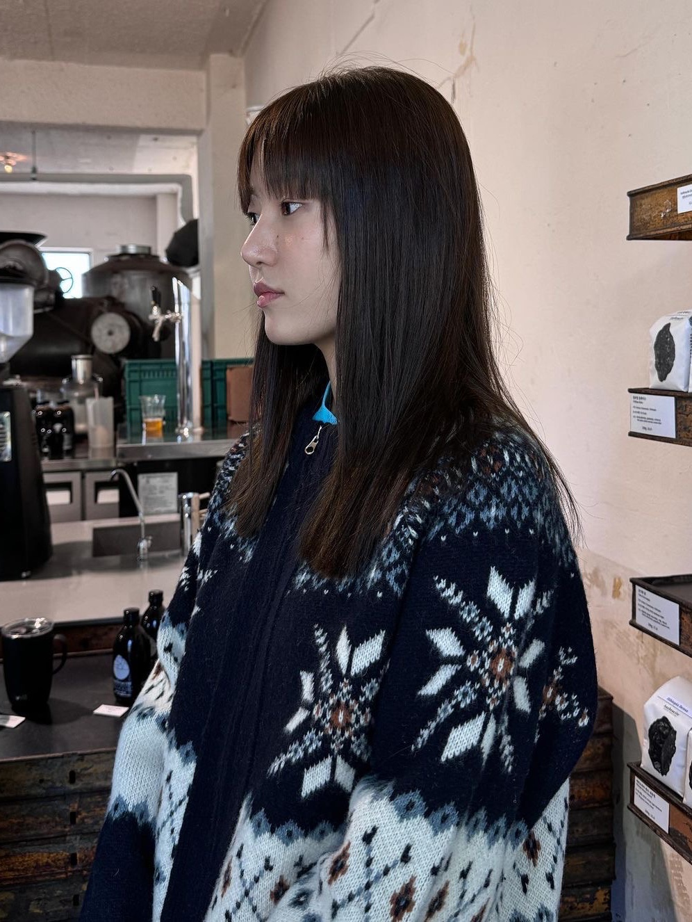 Millo Women Snow Jaquard Knit Zip-up Ivory, Millo Women Snow Jaquard Knit Zip-up Gray 착용 스타일 - 2