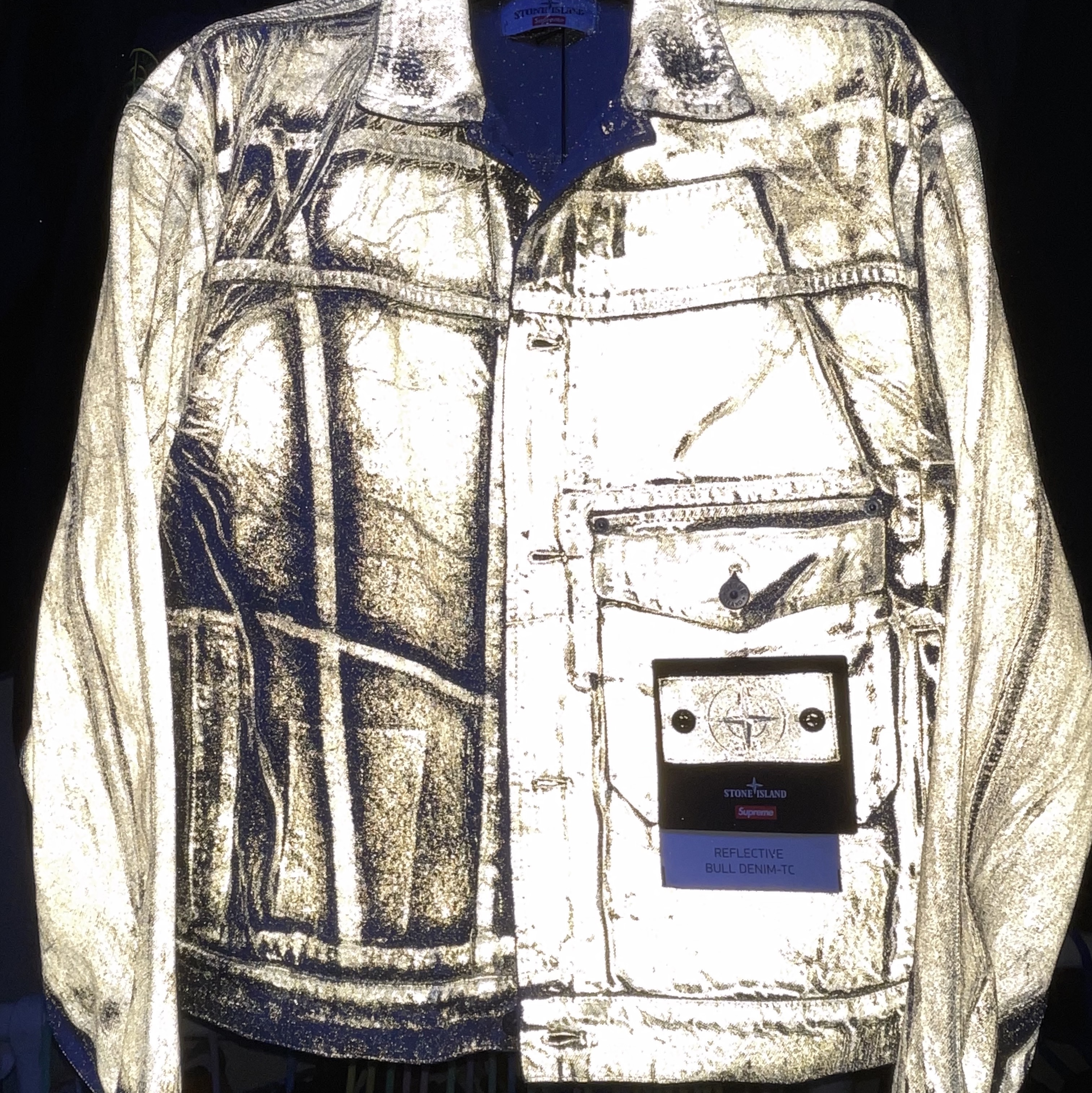 Supreme x Stone Island Denim Trucker Jacket Reflective - 23FW, Supreme x Stone Island 5-Pocket Jean Reflective - 23FW 착용 스타일 - 3