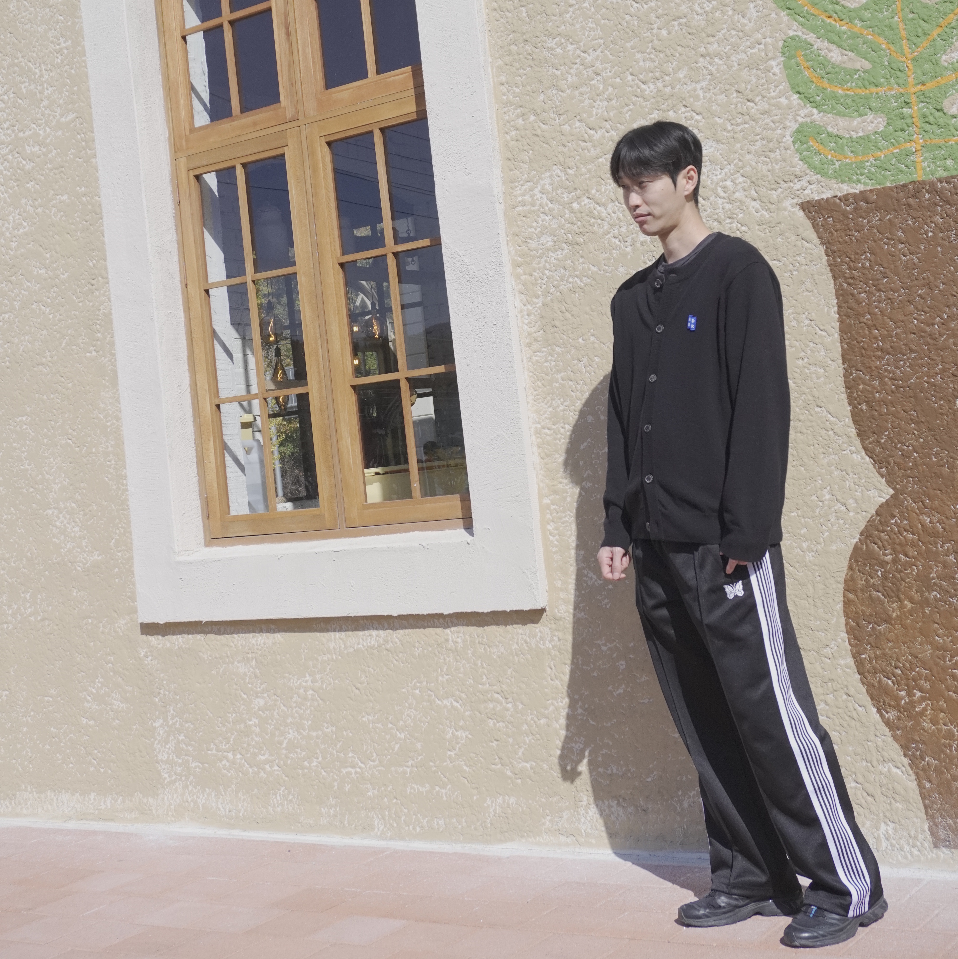 Ader Error Sig; TRS/BL Tag Cardigan 02 Black, Needles Straight Track Pants Poly Smooth Black 착용 스타일