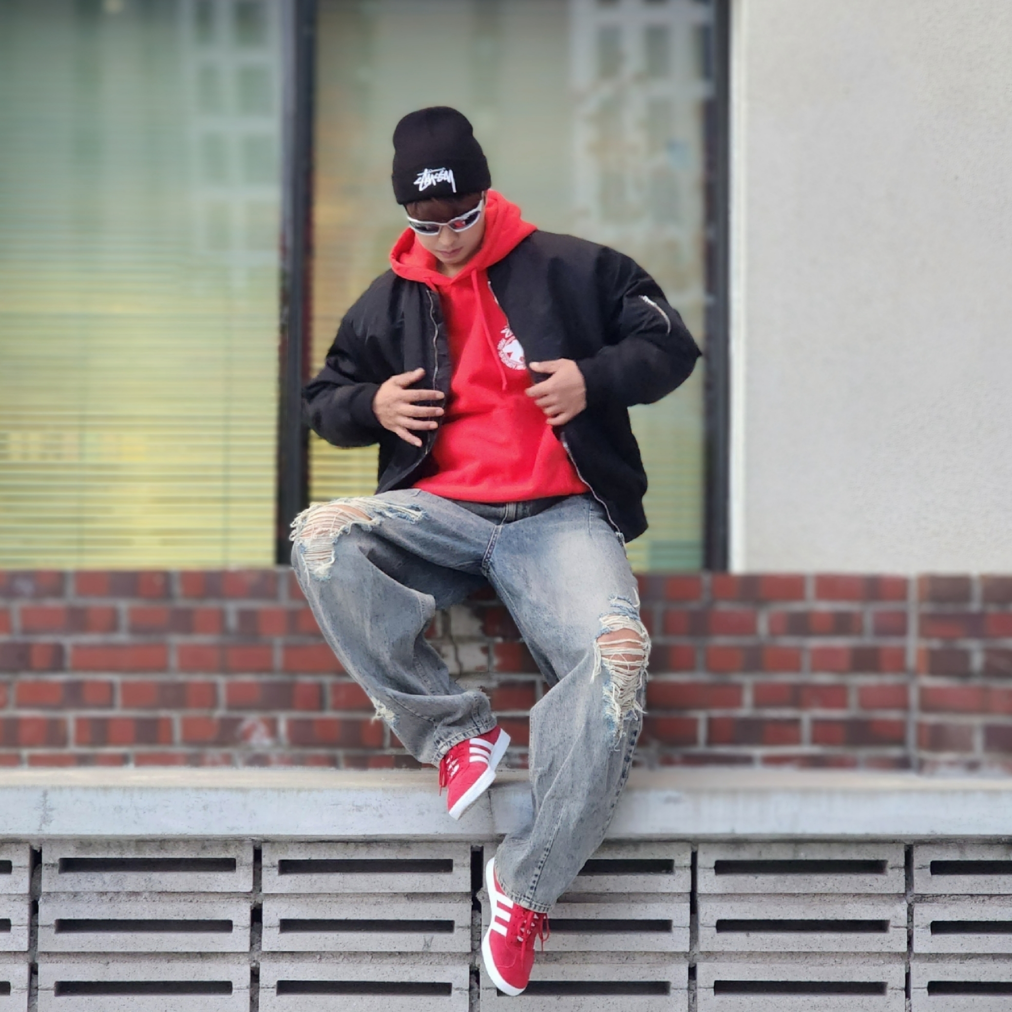 Stussy Big Stock Cuff Beanie Black, Stussy Beach Roots Hoodie Red 착용 스타일 - 6