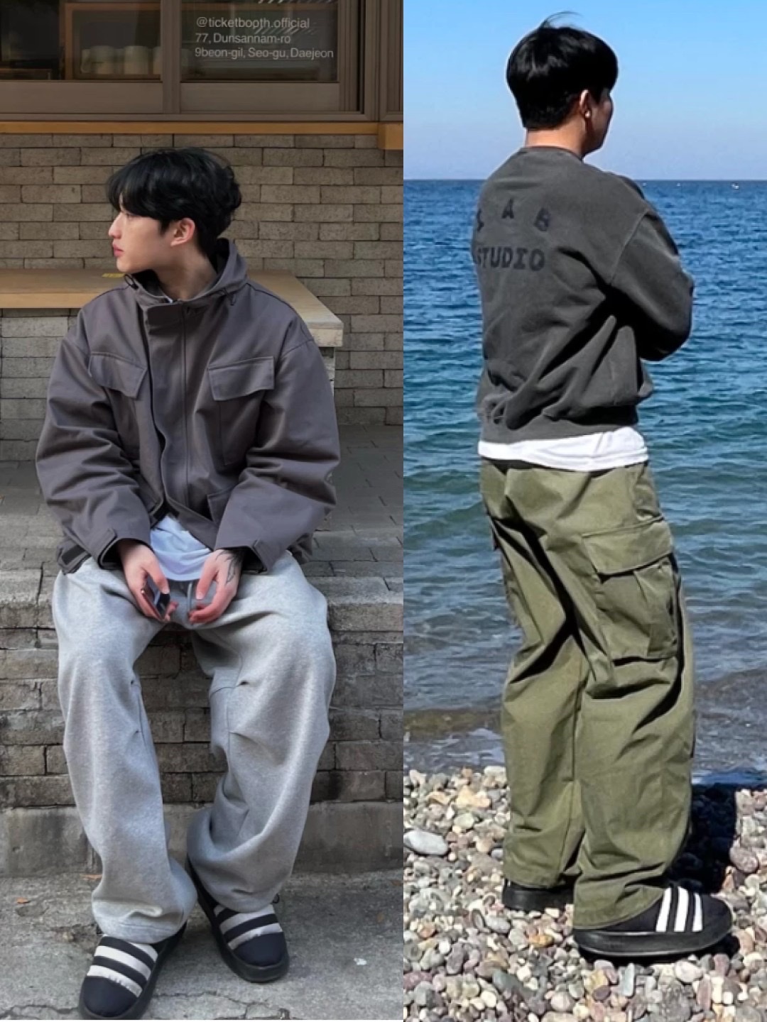 Adidas Puffylette Core Black, IAB Studio Pigment Sweatshirt & Mini Bag Black 착용 스타일 - 2