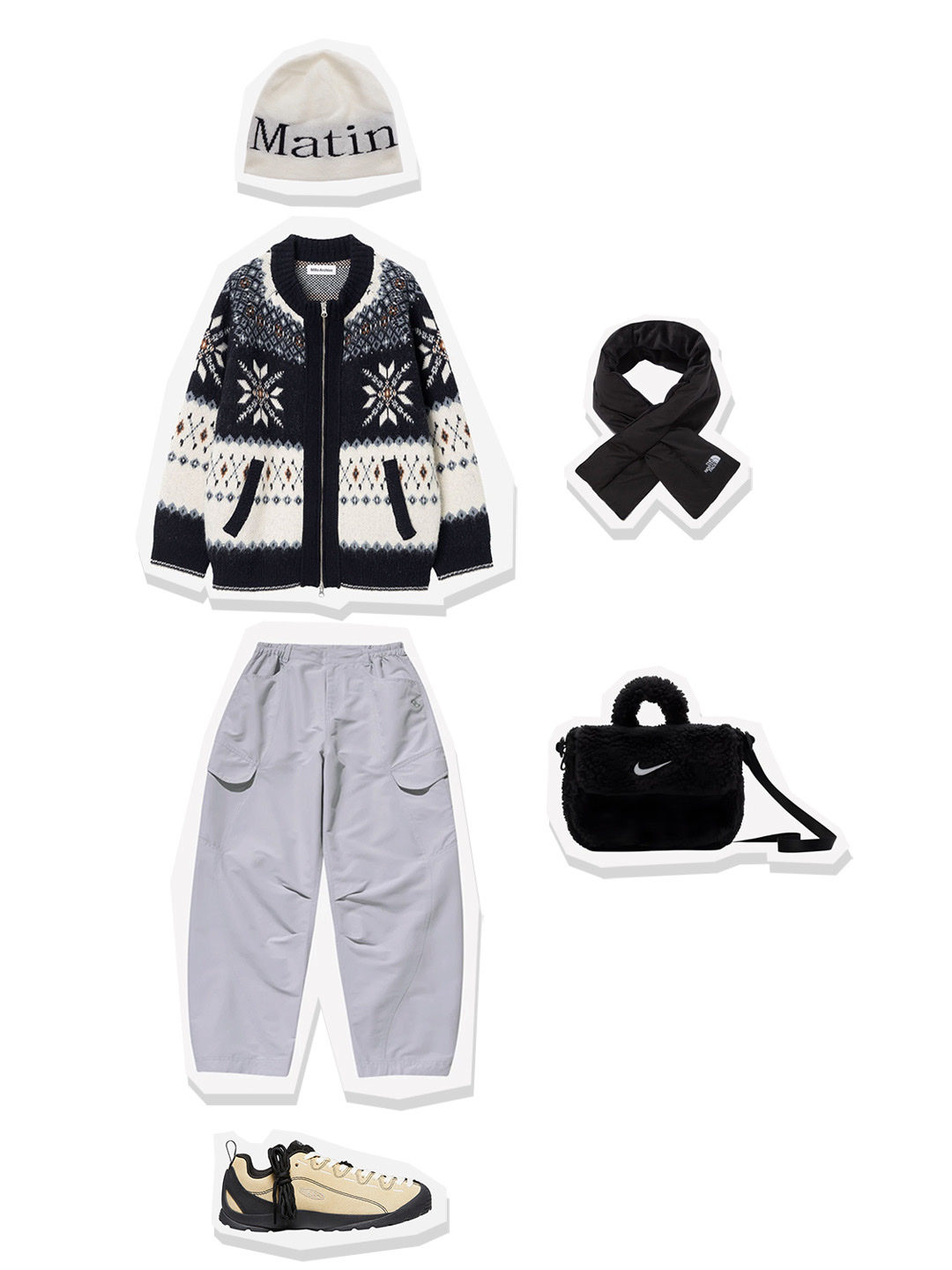 Millo Women Snow Jaquard Knit Zip-up Ivory, Sansan Gear Pin-Tuck Cargo Pants Light Grey - 23FW 착용 스타일 - 1