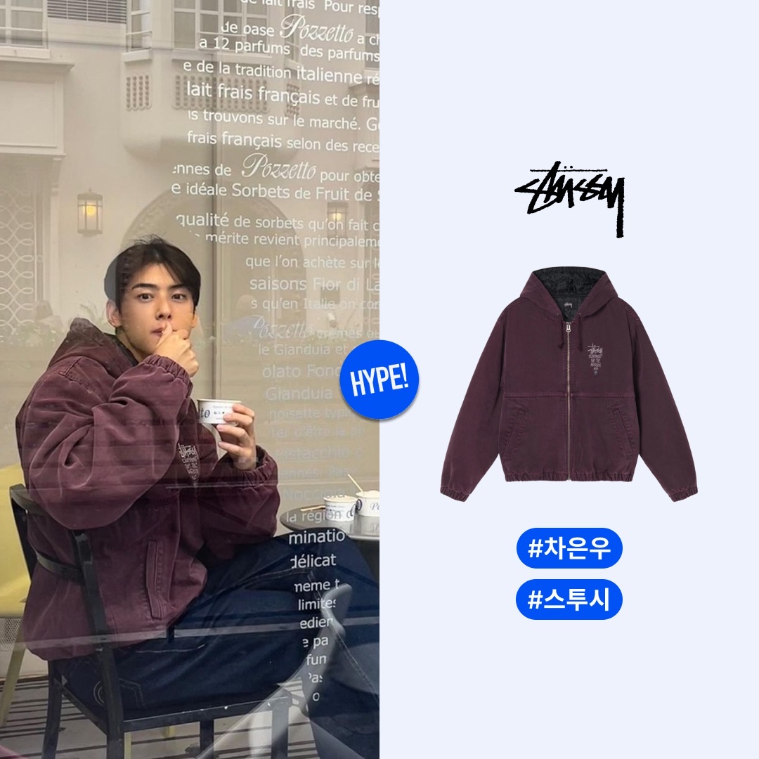 Stussy Canvas Insulated Work Jacket Purple, Stussy Sphinx T-shirt White 착용 스타일 - 4