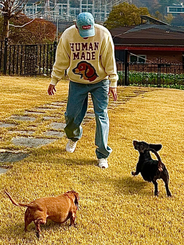 Human Made Dachs Knit Sweater White, Asics x Dime GT-2160 Arctic Wolf London Fog 착용 스타일 - 1
