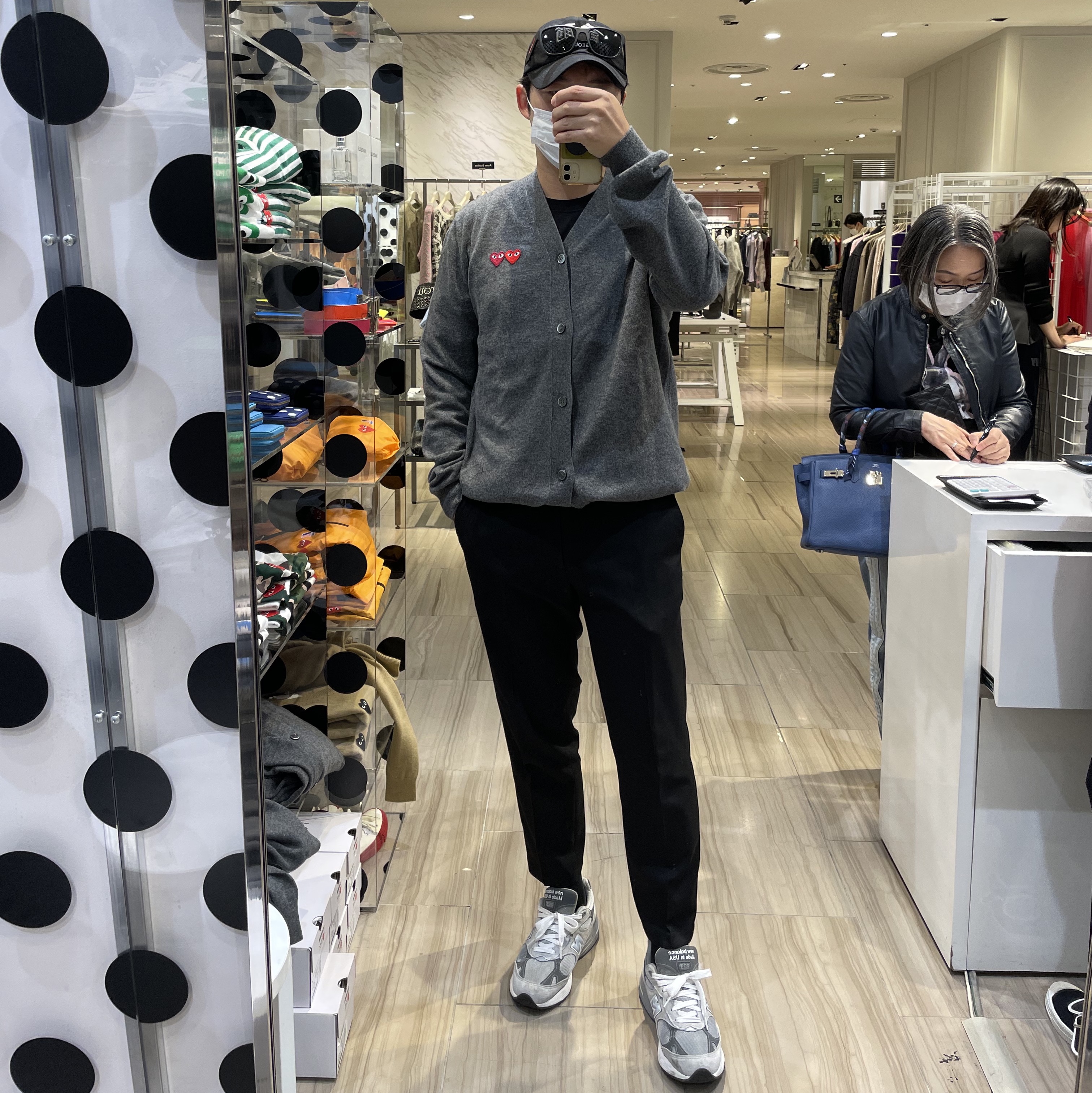 Play Comme des Garcons Double Heart Cardigan Grey, New Balance 993 Made in USA Grey - D Standard 착용 스타일