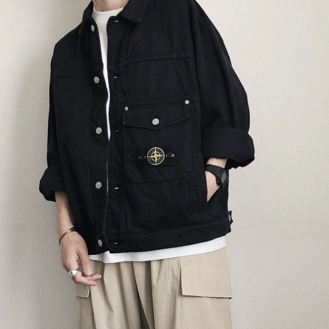 Supreme x Stone Island Denim Trucker Jacket Black - 23FW 착용 스타일
