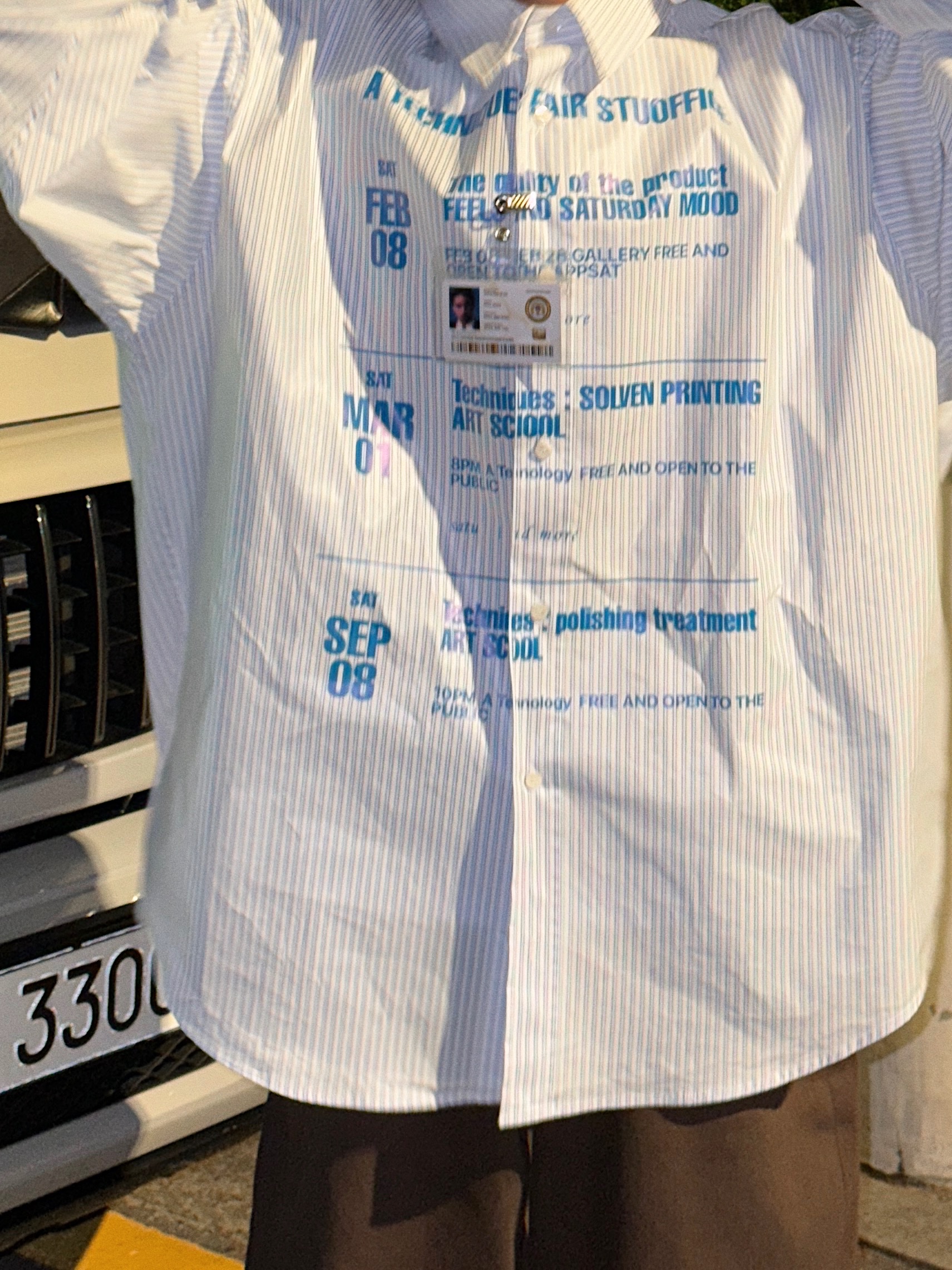 STU Coated Printing Stripe Shirts Sky Blue With Name Tag, STU x Monamhee Stu 착용 스타일 - 3