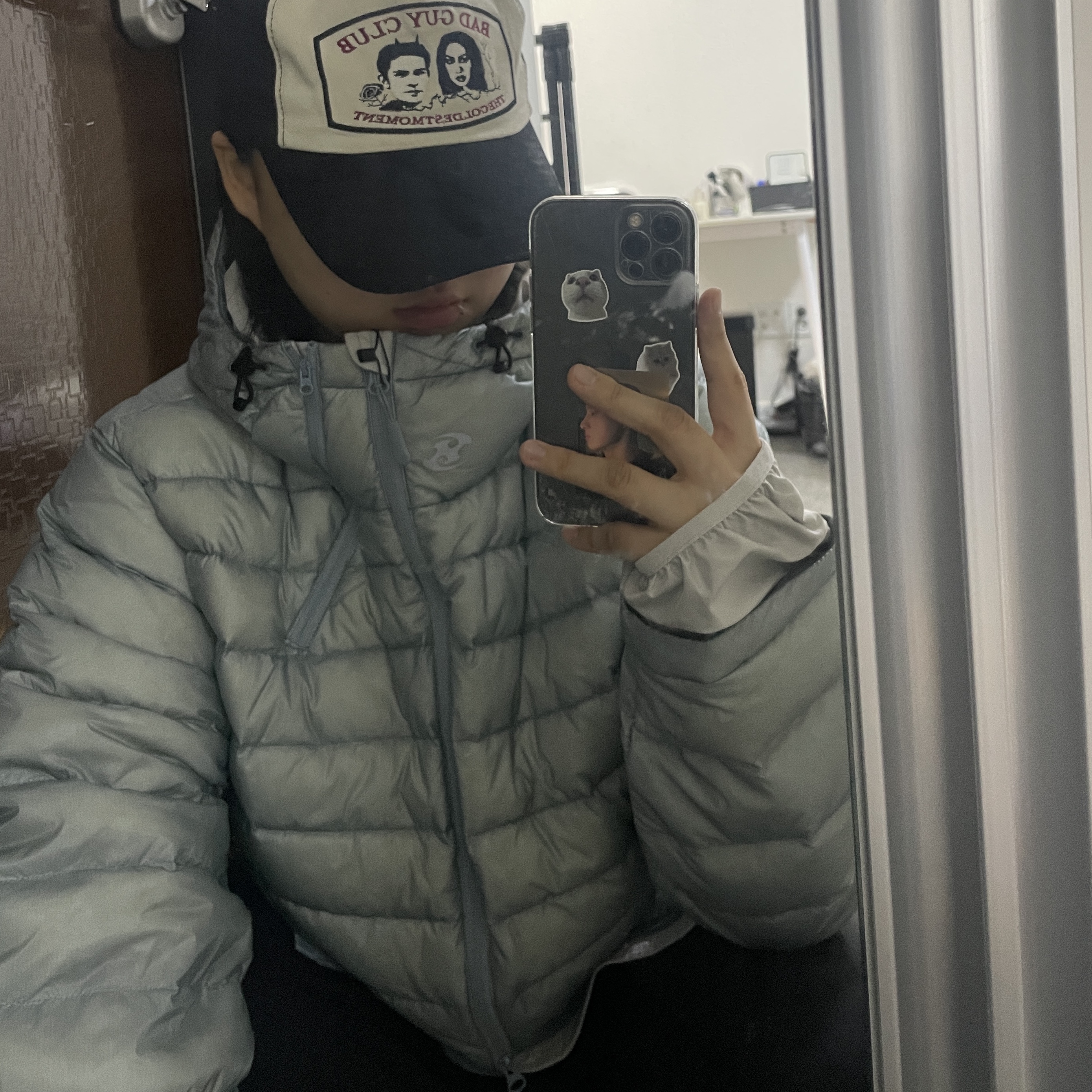 Sansan Gear Suffix Puffer Jacket Sky Blue - 23FW 착용 스타일