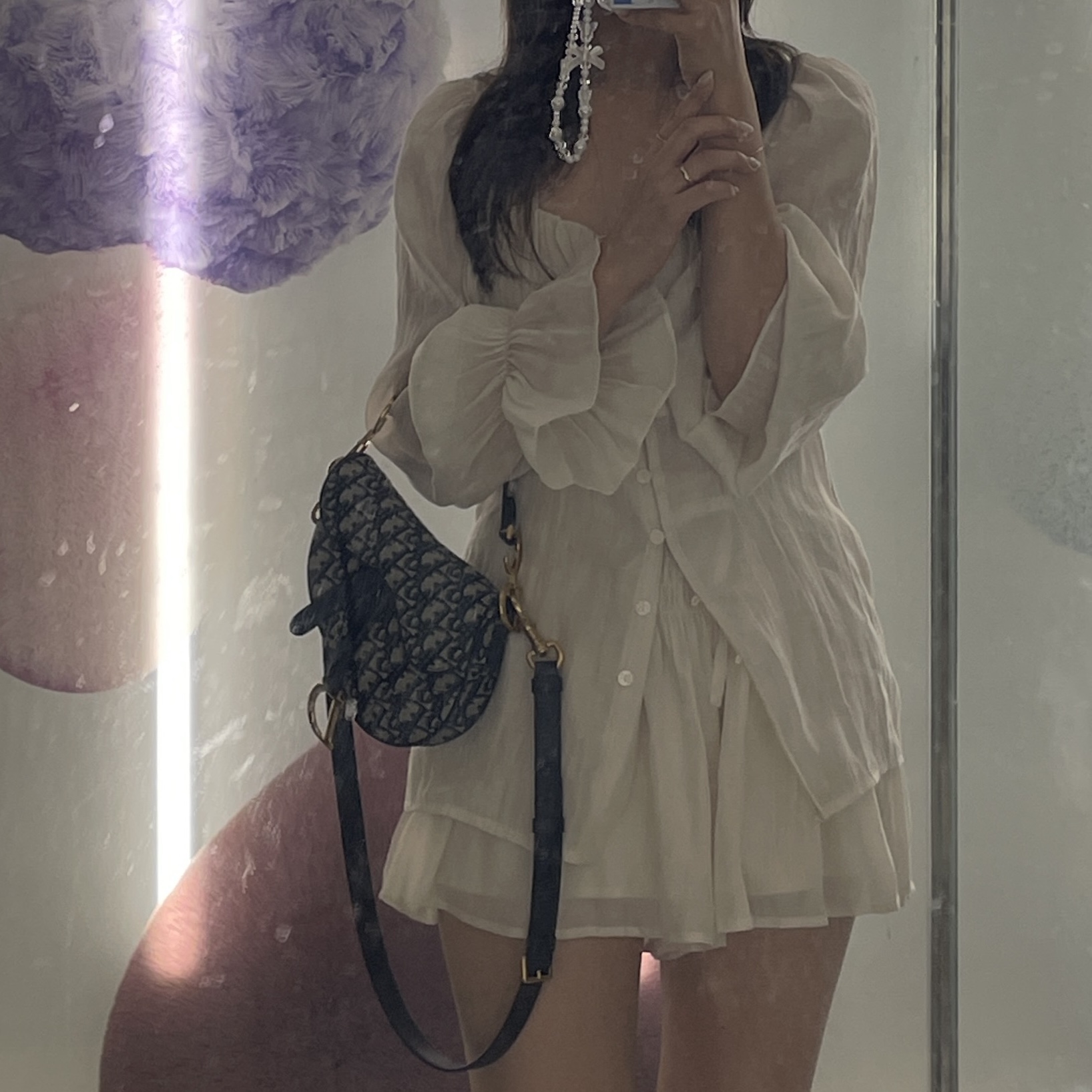 Dior Mini Saddle Bag with Strap Blue Dior Oblique Jacquard 착용 스타일