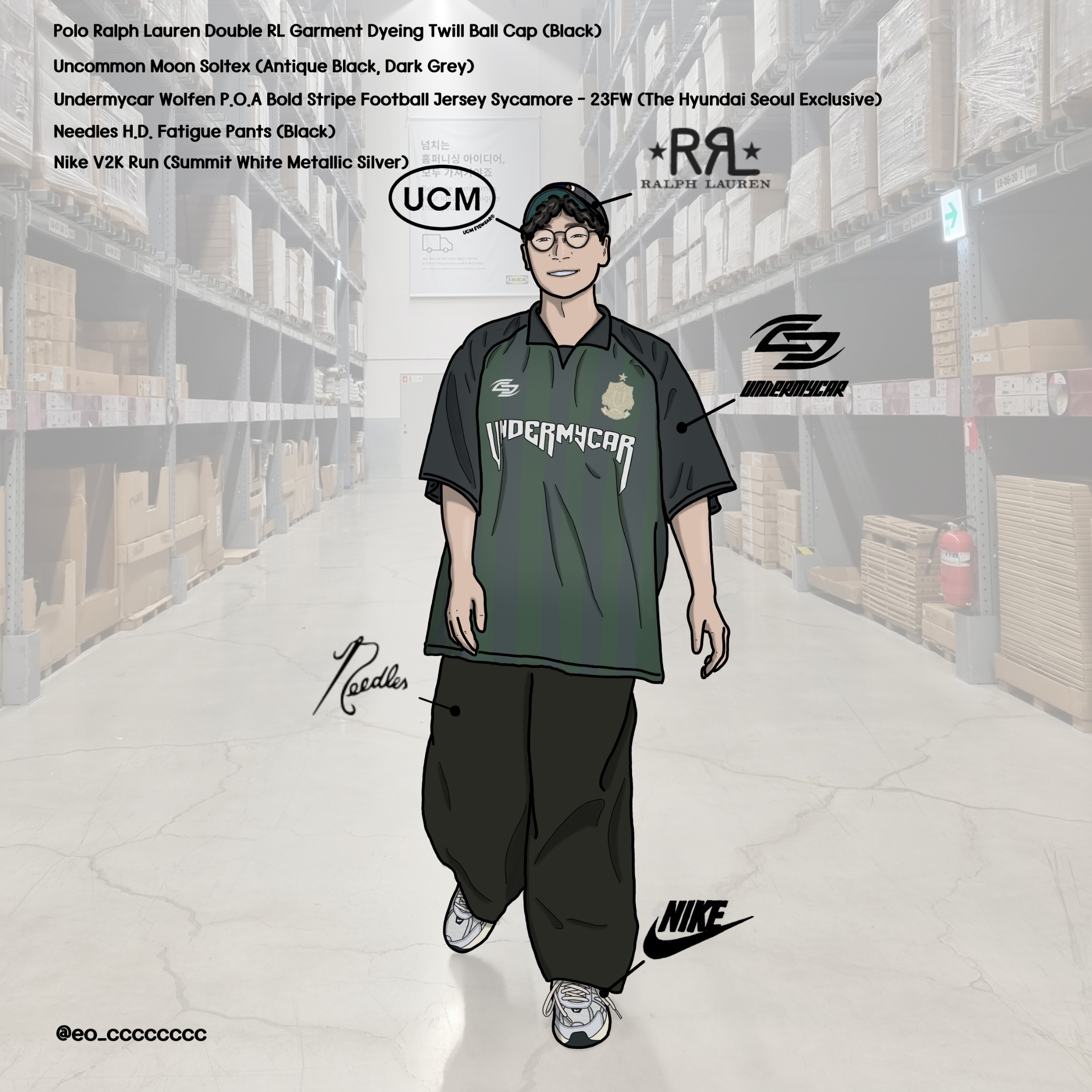 Undermycar Wolfen Bold Stripe Football Jersey Sycamore - 23FW (The Hyundai Seoul Exclusive), Double RL Garment Dyeing Twill Ball Cap Black 착용 스타일 - 2