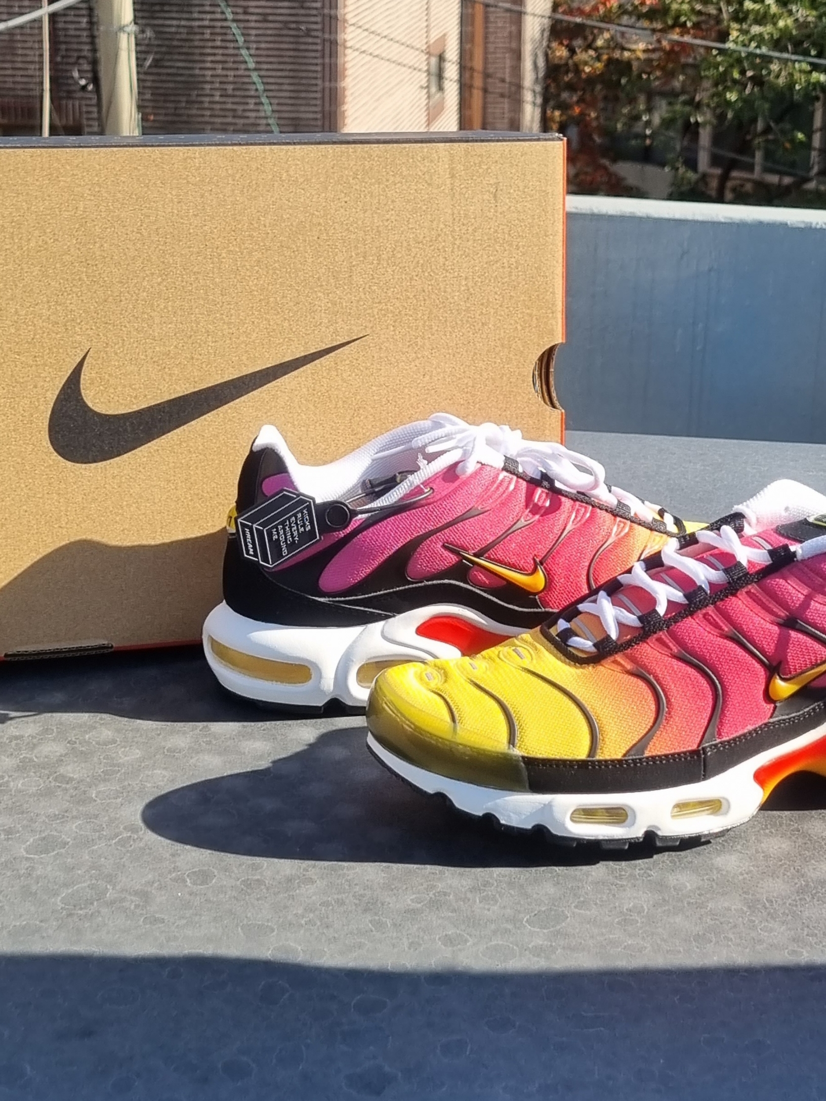 Nike Air Max Plus Gold and Raspberry Red 착용 스타일 - 1