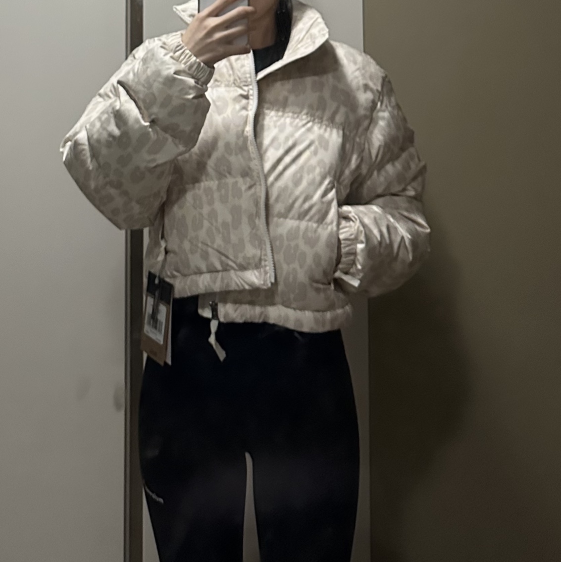 (W) The North Face Print Nuptse Short Jacket Silver Grey Leopard Print 착용 스타일