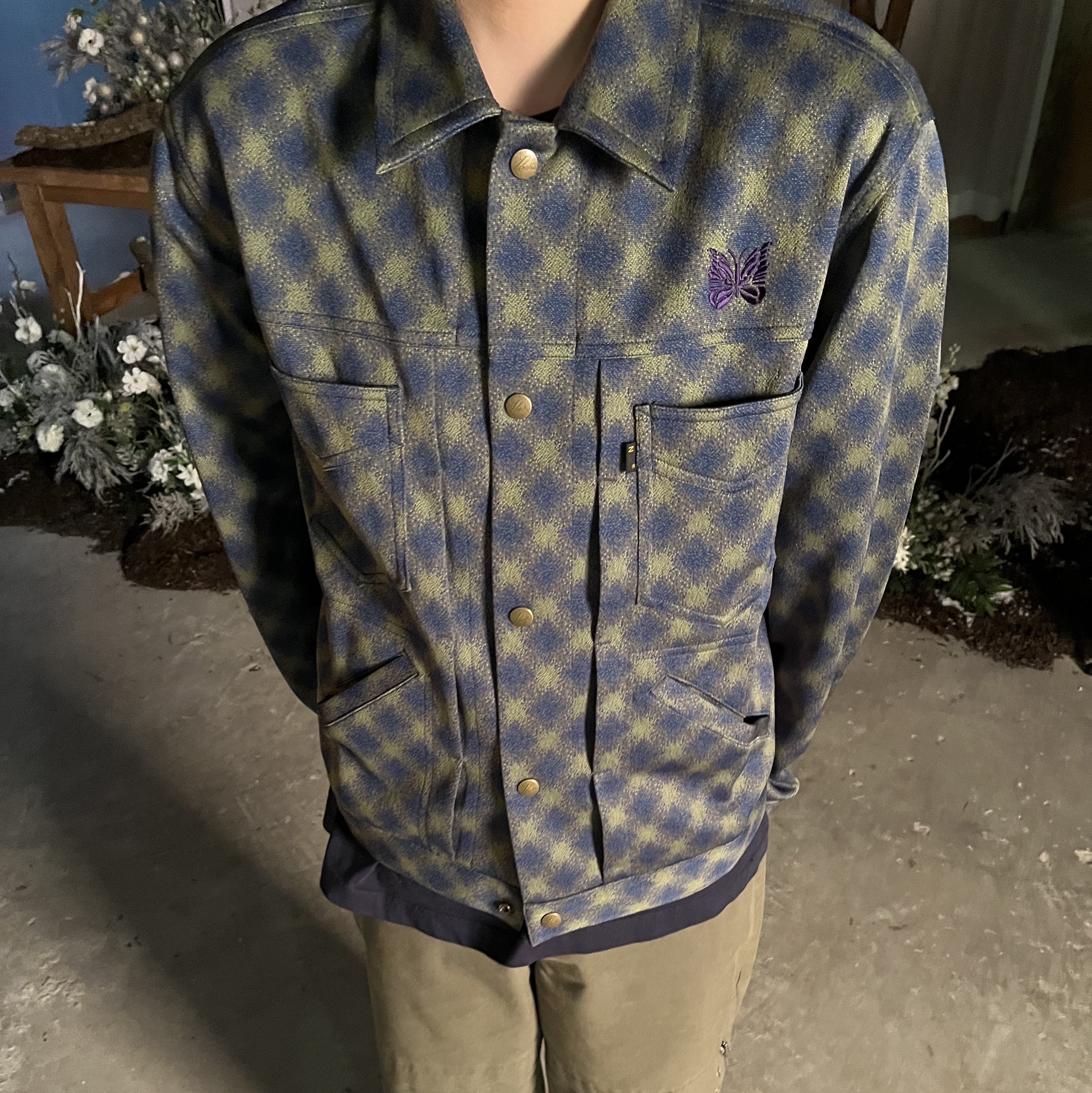 Needles Penny Jean Jacket Blue Olive 착용 스타일 - 1