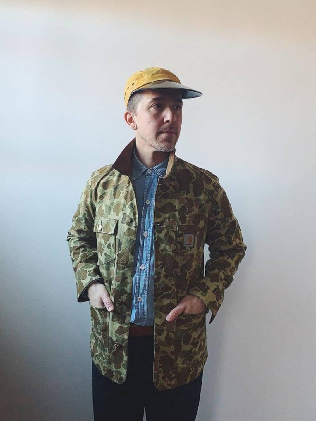 Palace x Carhartt WIP Michigan Coat Dollar Green Camo - 23FW, Palace x Carhartt WIP Double Knee Pants Dollar Green - 23FW 착용 스타일 - 5