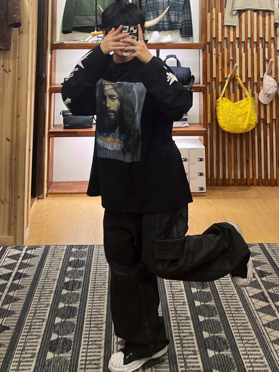 Maison Mihara Yasuhiro Blakey OG Sole Broken Suede Low-top Sneakers Black, [KREAM 단독] Ourpas 061 Saint Long Sleeve Black 착용 스타일 - 1