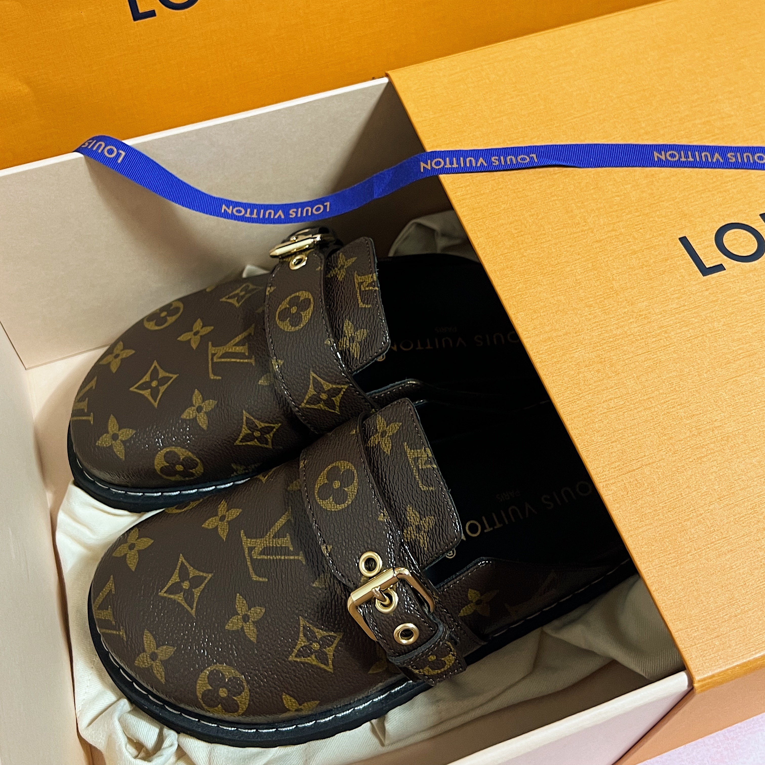 (W) Louis Vuitton LV Cosy Flat Comfort Clog Monogram Cacao Brown 착용 스타일